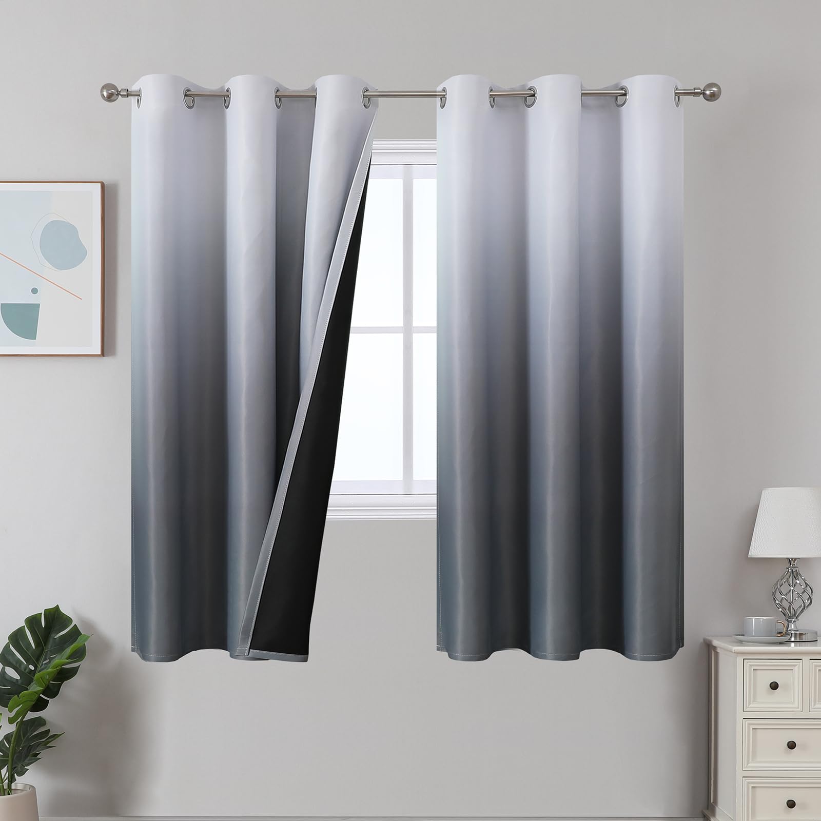 Estelar Textiler Black and Greyish White Blackout Curtains for Bedroom, Ombre Black out Curtains 84 Inch long for Living Room,Room Darkening Thermal Insulated Grommet Window Drapes,52x84 Inch,2 Panels
