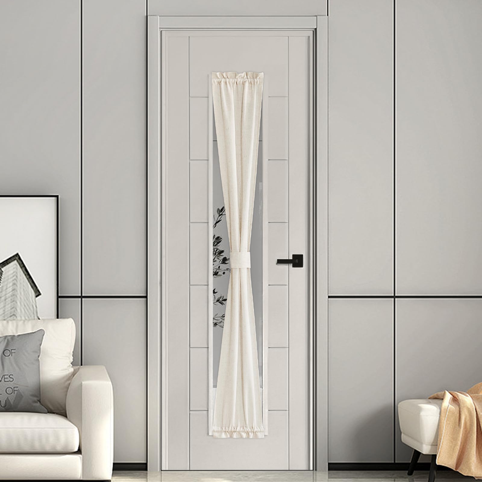 NICETOWN Front Door Curtain - Soft Beige Linen Weave Pattern Door Shade for Windows Light Filtering Rod Pocket French Window Cover for Entryway/Garage with Tieback, 1 Panel, 26" W x 40" L