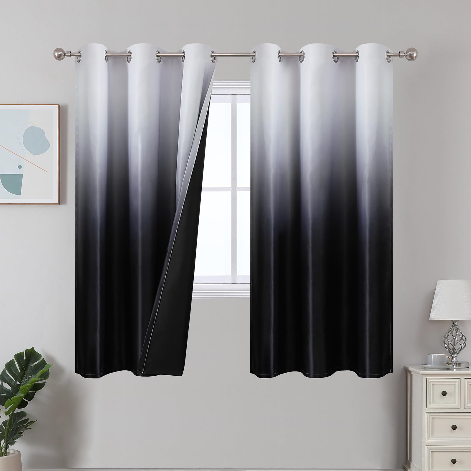 Estelar Textiler Black and Greyish White Blackout Curtains for Bedroom, Ombre Black out Curtains 84 Inch long for Living Room,Room Darkening Thermal Insulated Grommet Window Drapes,52x84 Inch,2 Panels