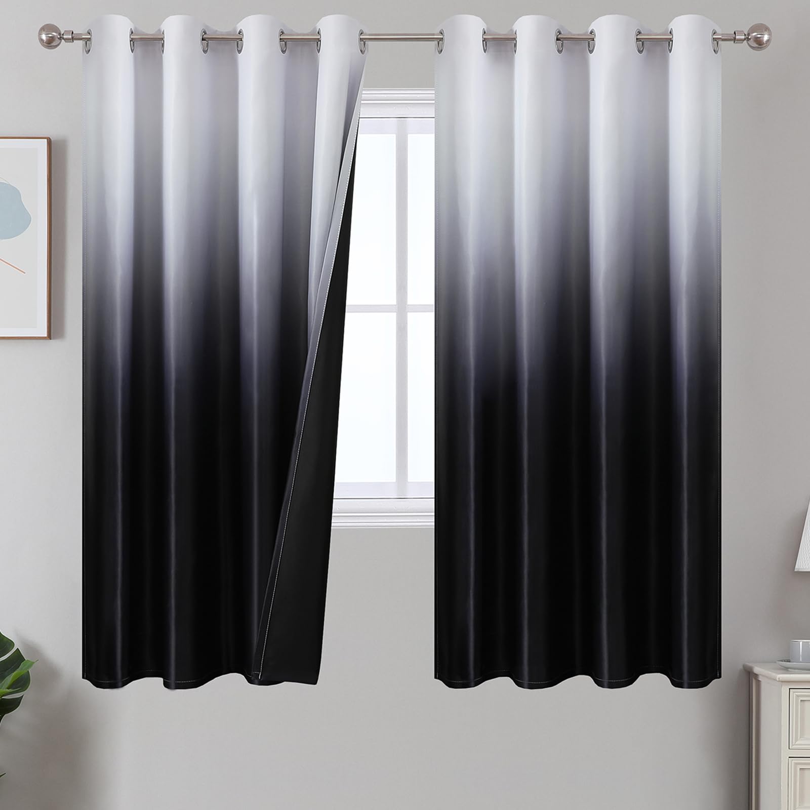 Estelar Textiler Black and Greyish White Blackout Curtains for Bedroom, Ombre Black out Curtains 84 Inch long for Living Room,Room Darkening Thermal Insulated Grommet Window Drapes,52x84 Inch,2 Panels