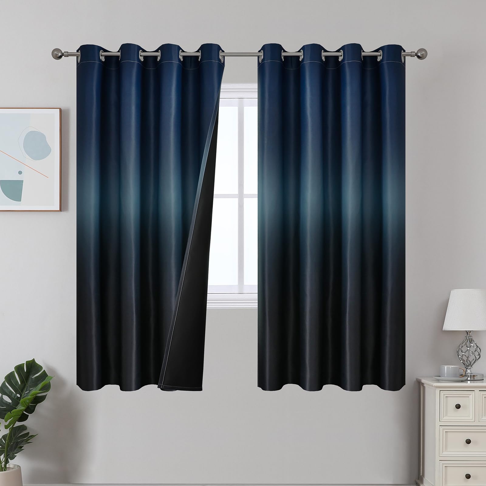Estelar Textiler Black and Greyish White Blackout Curtains for Bedroom, Ombre Black out Curtains 84 Inch long for Living Room,Room Darkening Thermal Insulated Grommet Window Drapes,52x84 Inch,2 Panels