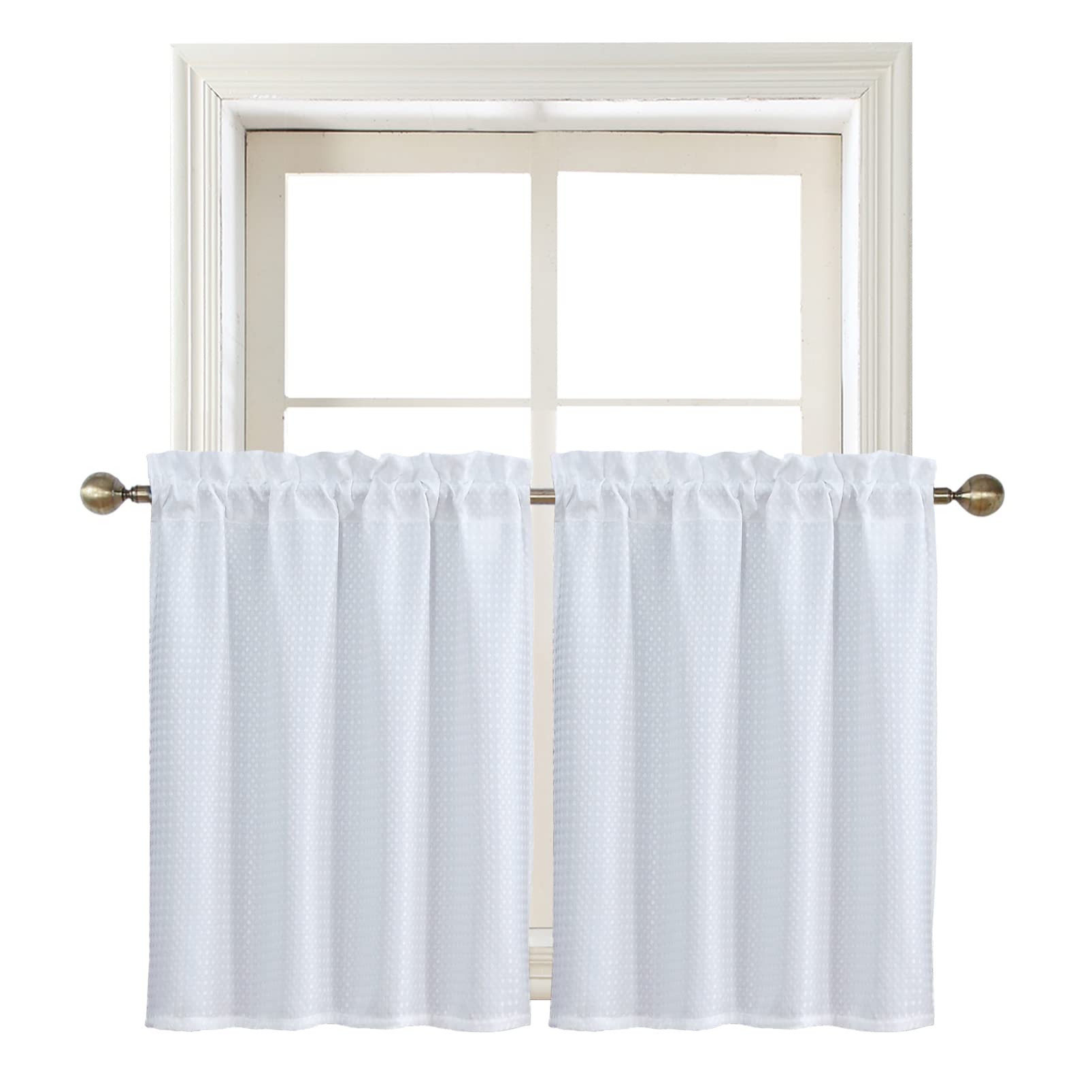 Home Queen White Water Resistant Bathroom Window Curtain, Waffle Textured Half Tier Curtains for Kitchen Cafe, 36" W X 45" L Inches, Set of 2