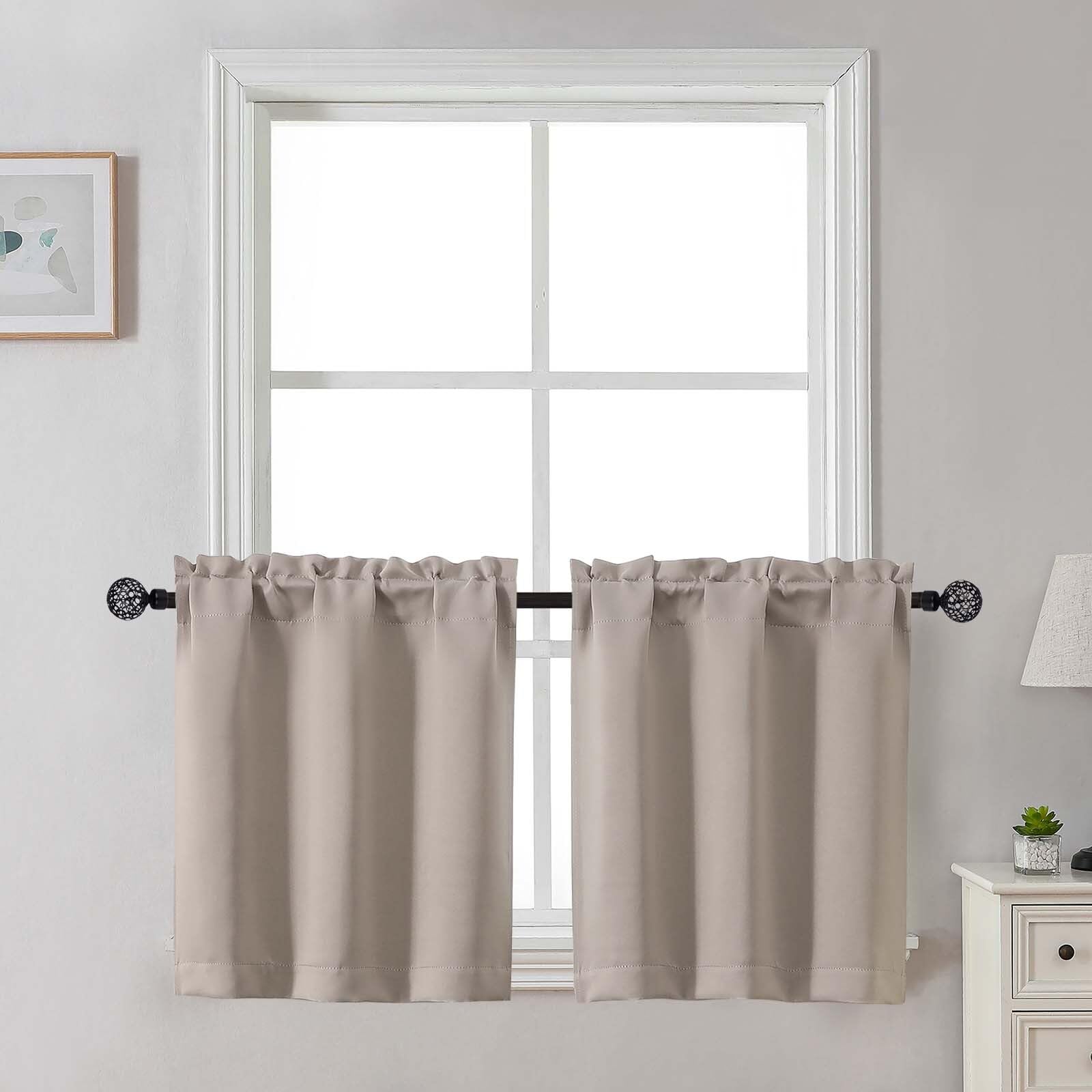 Gwine 24 Inch Length Kitchen Curtains Sets, Light Filtering Half Window Short Curtain Tiers for Bathroom Basement Cabinet Camper Small Windows, 2 PCS, Each 30" Wx24 L, Natural