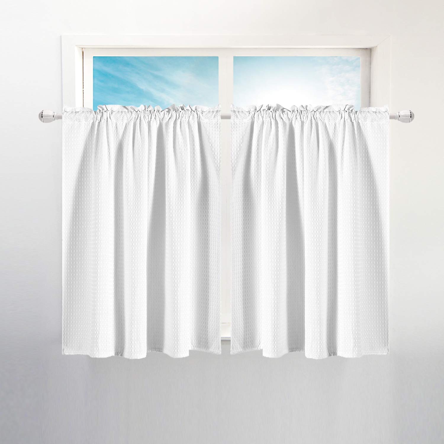 Barossa Design Waffle Weave Half Window Tier Curtains: 30 Inch Length for Small Window in Kitchen & Bathroom, Waterproof and Washable - White, 36" x 30" for Each Panel, Set of 2
