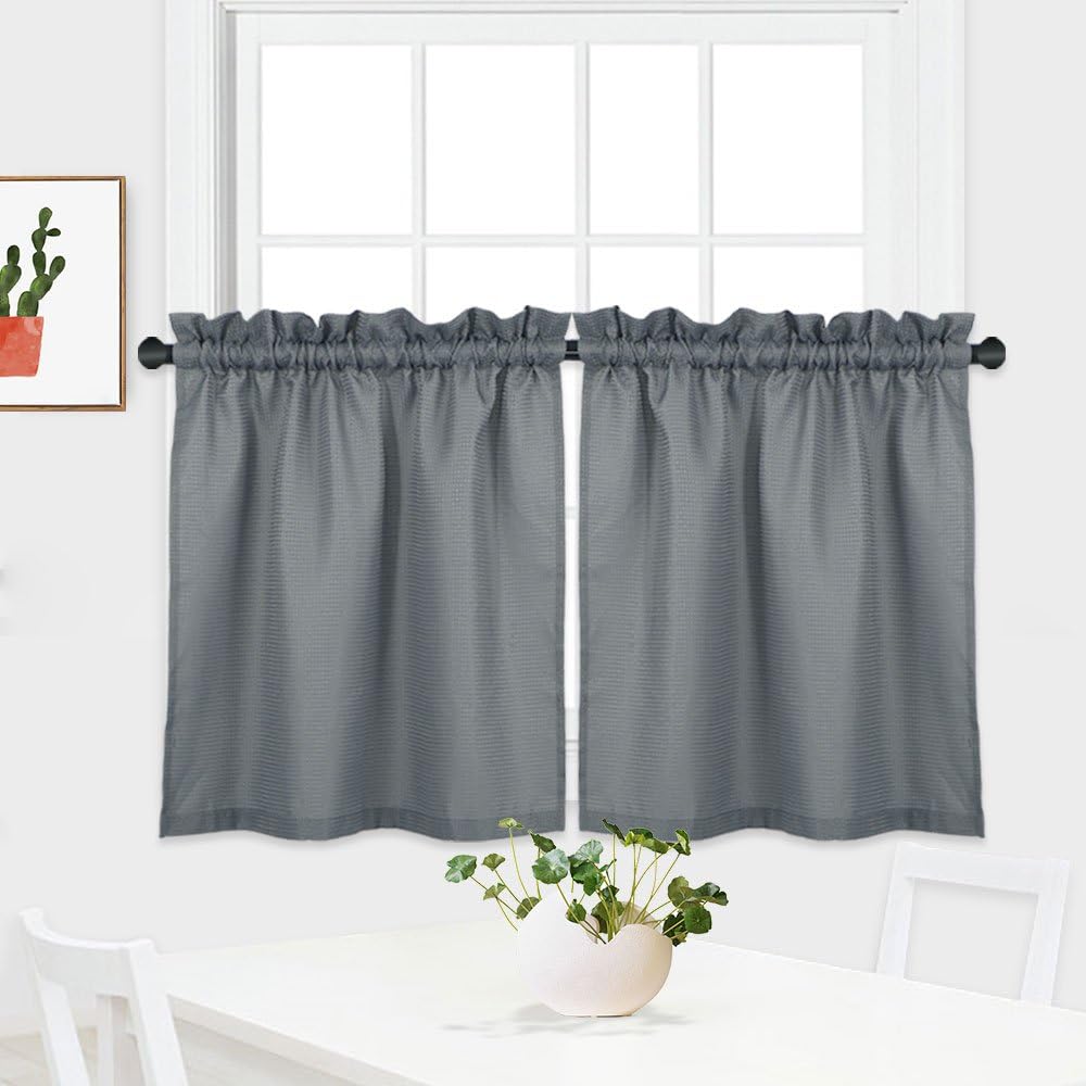 NANAN Tier Curtains, Waffle Woven Textured Kitchen Tier Curtains Cafe Curtains, Waterproof Half Window Covering Short Curtain for Bathroom - 30" x 24", Grey, Set of 2