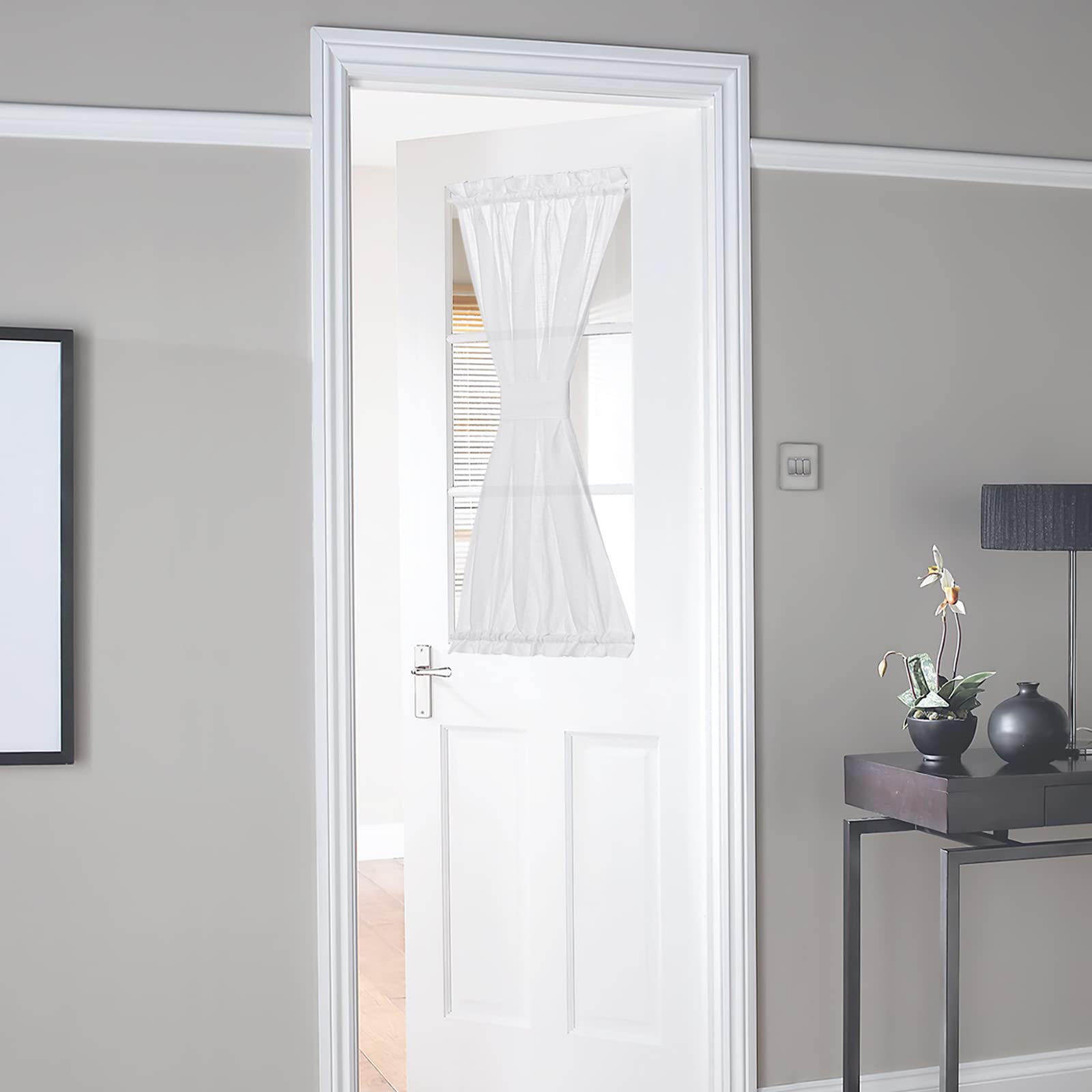 NICETOWN Front Door Curtain - Soft Beige Linen Weave Pattern Door Shade for Windows Light Filtering Rod Pocket French Window Cover for Entryway/Garage with Tieback, 1 Panel, 26" W x 40" L