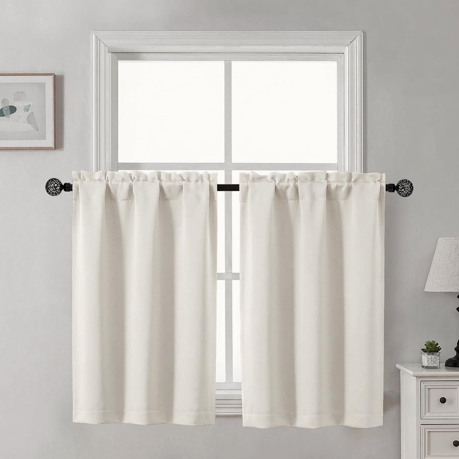 Gwine 24 Inch Length Kitchen Curtains Sets, Light Filtering Half Window Short Curtain Tiers for Bathroom Basement Cabinet Camper Small Windows, 2 PCS, Each 30" Wx24 L, Natural