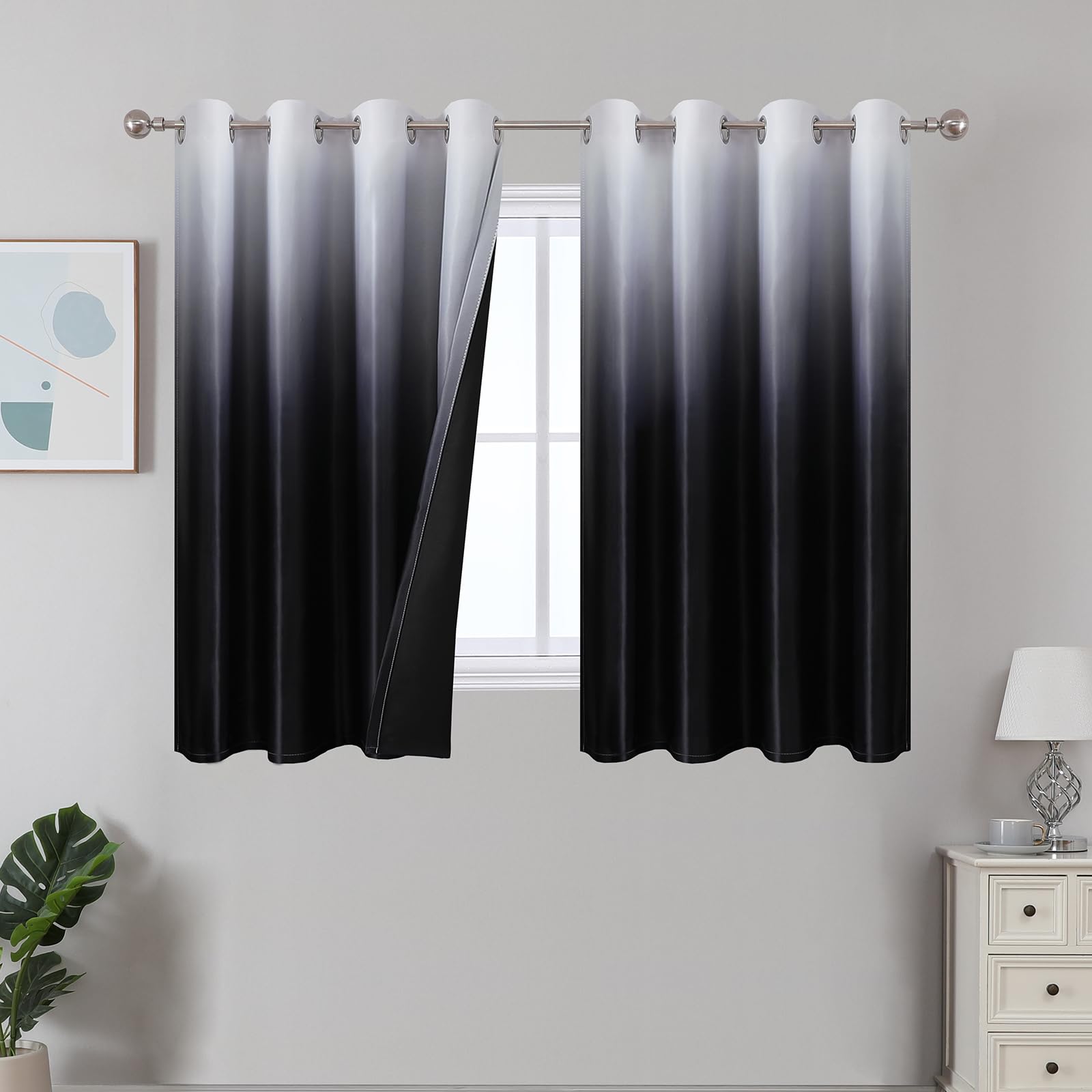 Estelar Textiler Black and Greyish White Blackout Curtains for Bedroom, Ombre Black out Curtains 84 Inch long for Living Room,Room Darkening Thermal Insulated Grommet Window Drapes,52x84 Inch,2 Panels
