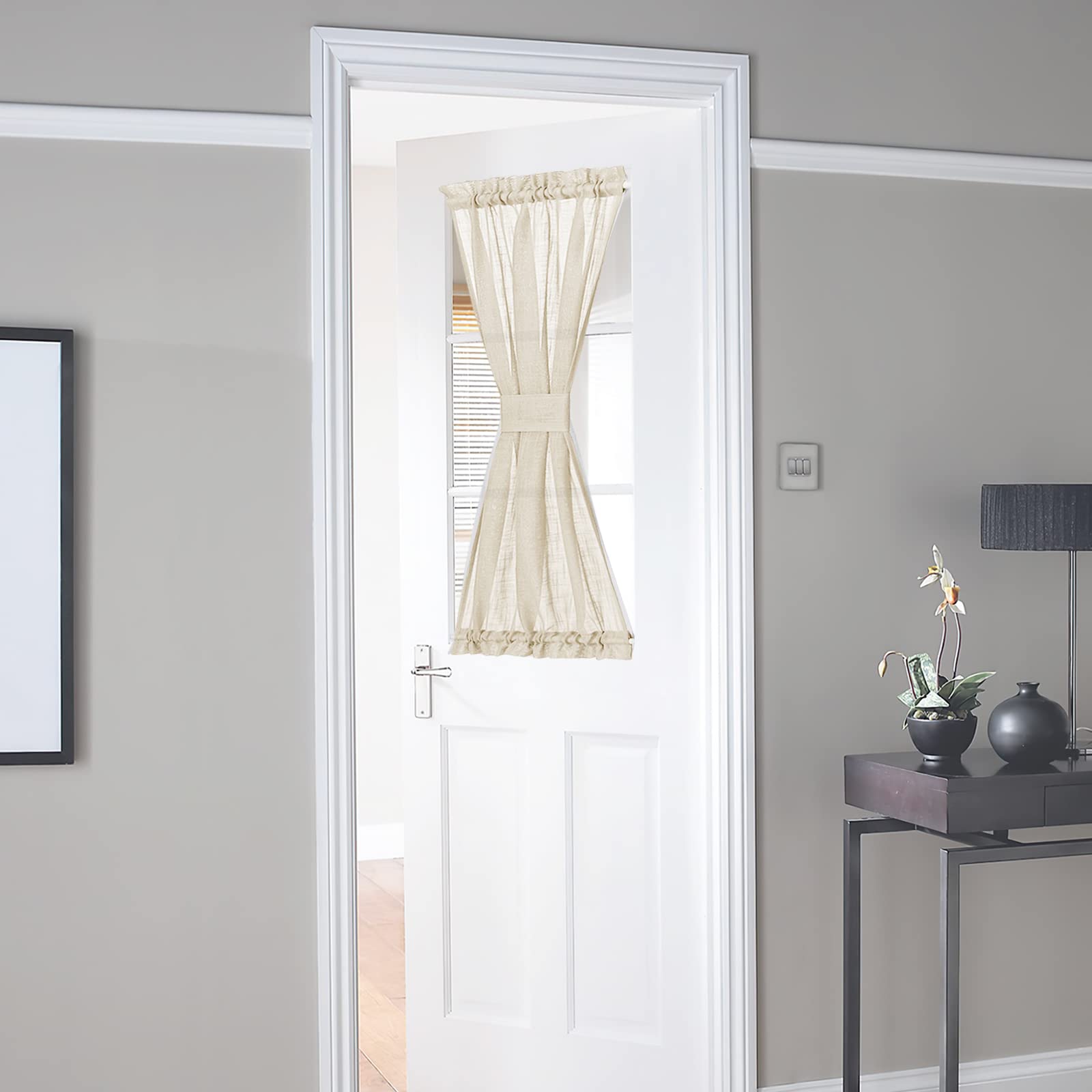 NICETOWN Front Door Curtain - Soft Beige Linen Weave Pattern Door Shade for Windows Light Filtering Rod Pocket French Window Cover for Entryway/Garage with Tieback, 1 Panel, 26" W x 40" L