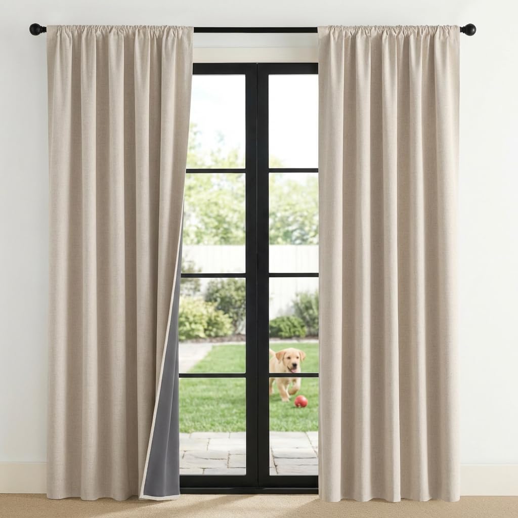 NICETOWN 100% Blackout Curtains for Bedroom, Living Room - Linen Textured Thermal Insulated Drapes Rod Pocket Top, Black Out Curtains with Grey Liner for Privacy, Natural, W52 x L80 in, 2 Panels