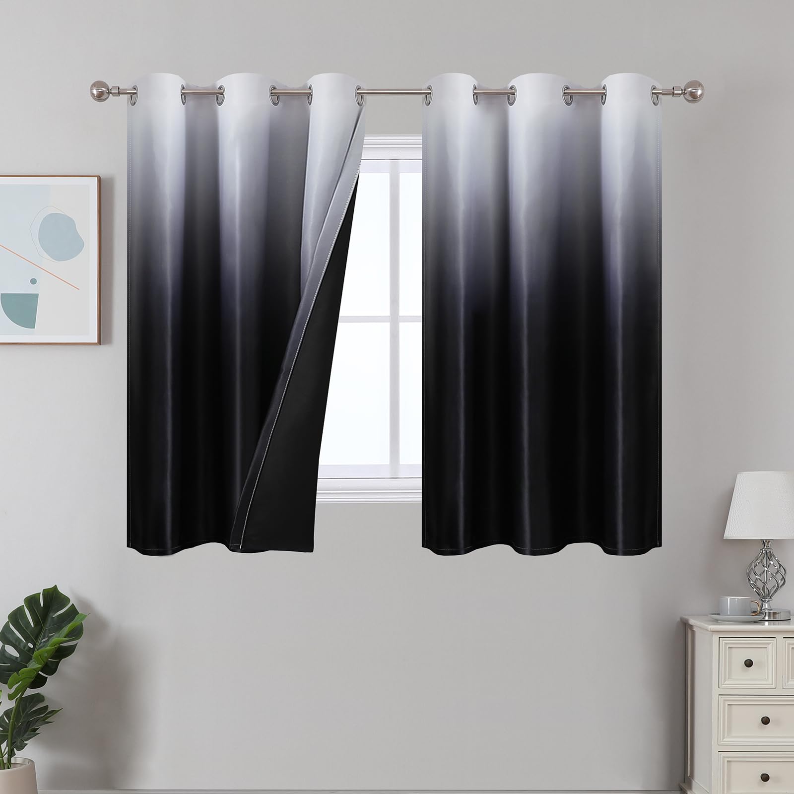 Estelar Textiler Black and Greyish White Blackout Curtains for Bedroom, Ombre Black out Curtains 84 Inch long for Living Room,Room Darkening Thermal Insulated Grommet Window Drapes,52x84 Inch,2 Panels