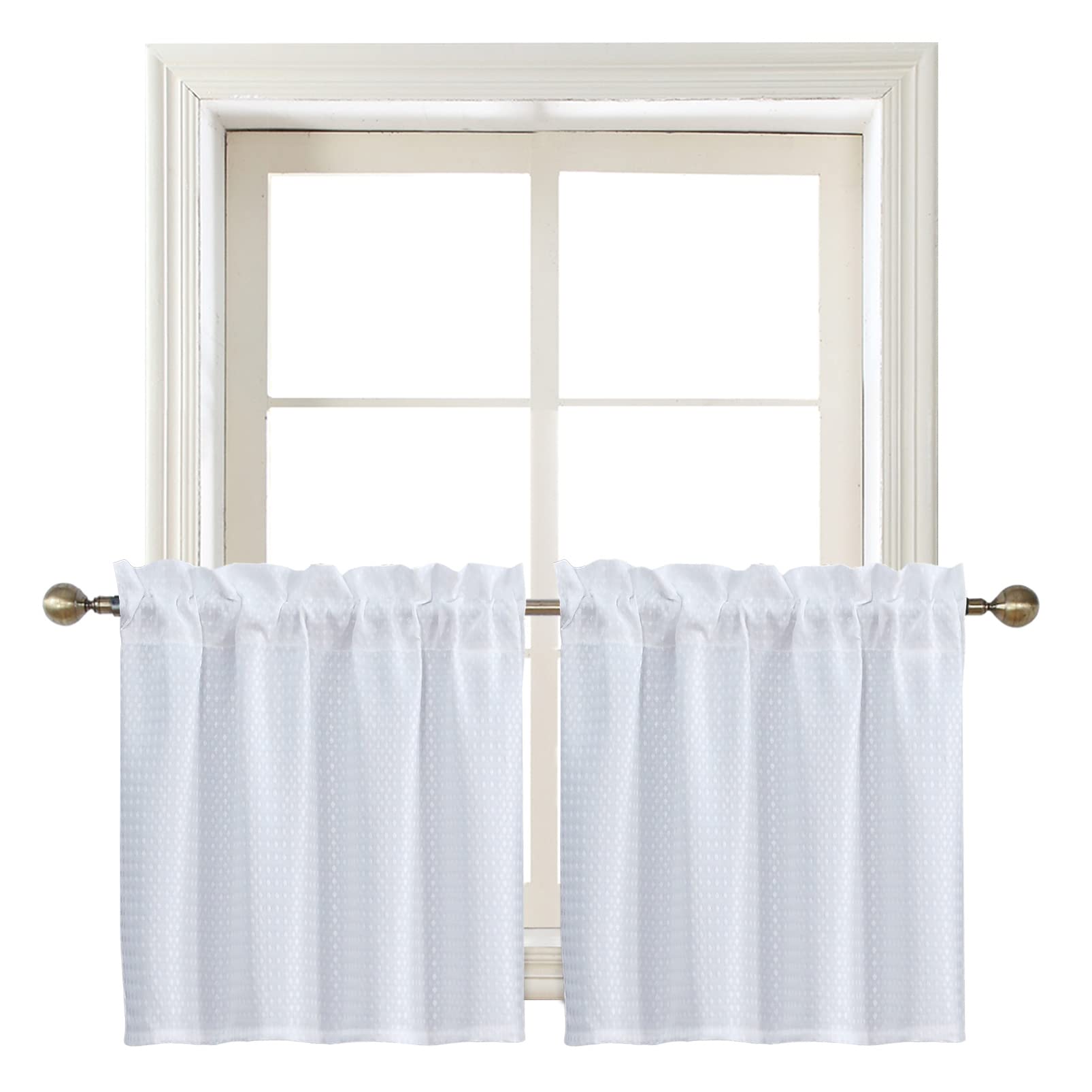 Home Queen White Water Resistant Bathroom Window Curtain, Waffle Textured Half Tier Curtains for Kitchen Cafe, 36" W X 24" L Inches, Set of 2