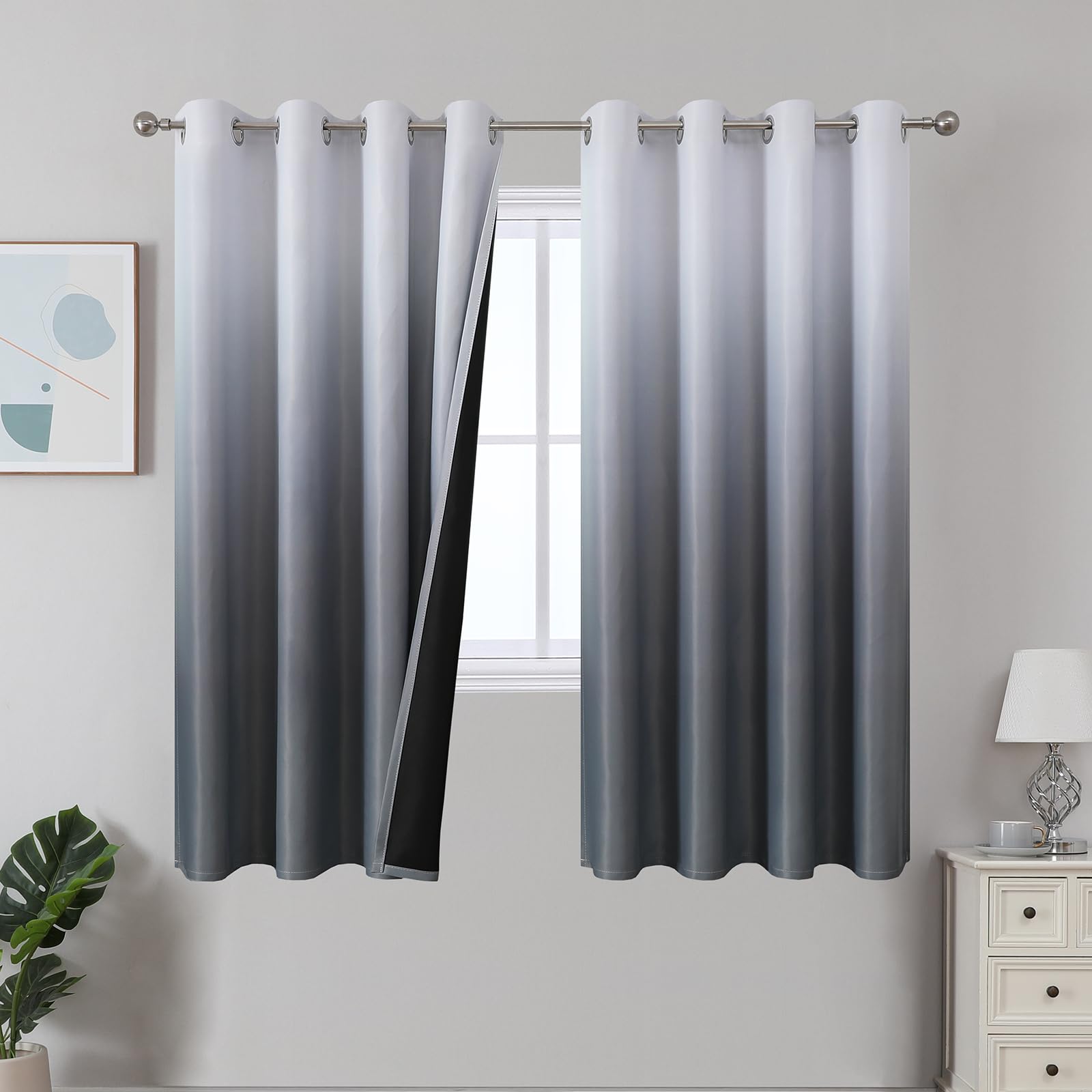Estelar Textiler Black and Greyish White Blackout Curtains for Bedroom, Ombre Black out Curtains 84 Inch long for Living Room,Room Darkening Thermal Insulated Grommet Window Drapes,52x84 Inch,2 Panels