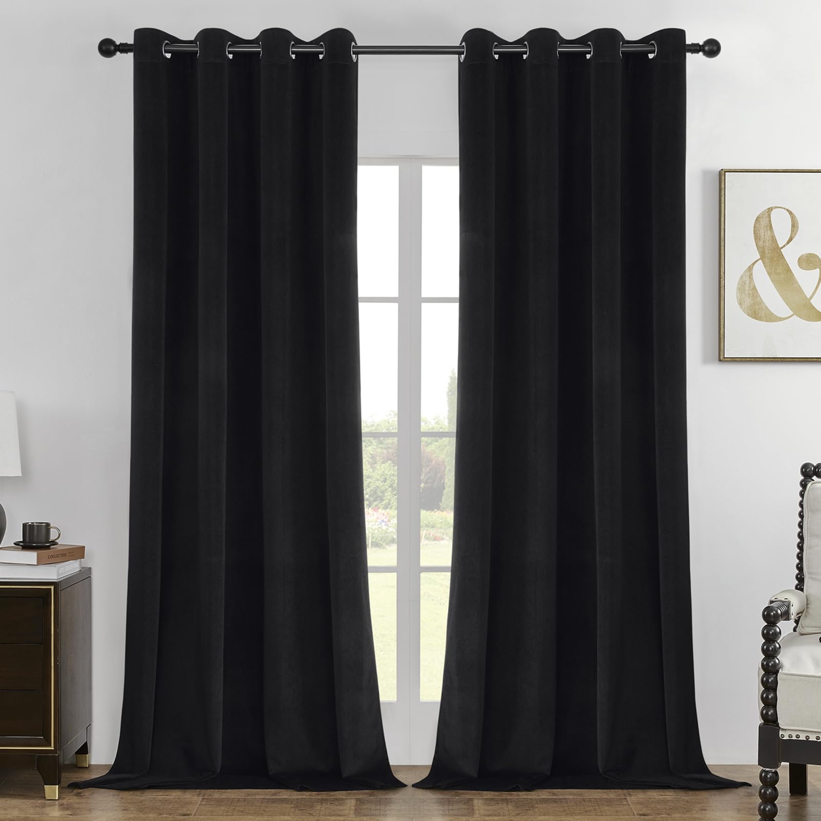 Joydeco Black 100% Blackout Curtains 84 Inch 2 Panels, Luxury Thermal Insulated Black Velvet Curtains for Bedroom Living Room, Soundproof Blackout Window Drapes, Rod Pocket & Back Tab (52W x 84L)