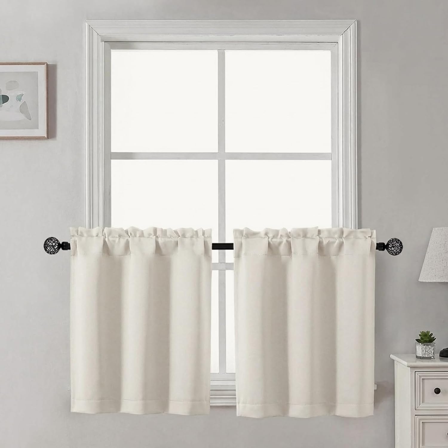 Gwine 24 Inch Length Kitchen Curtains Sets, Light Filtering Half Window Short Curtain Tiers for Bathroom Basement Cabinet Camper Small Windows, 2 PCS, Each 30" Wx24 L, Natural