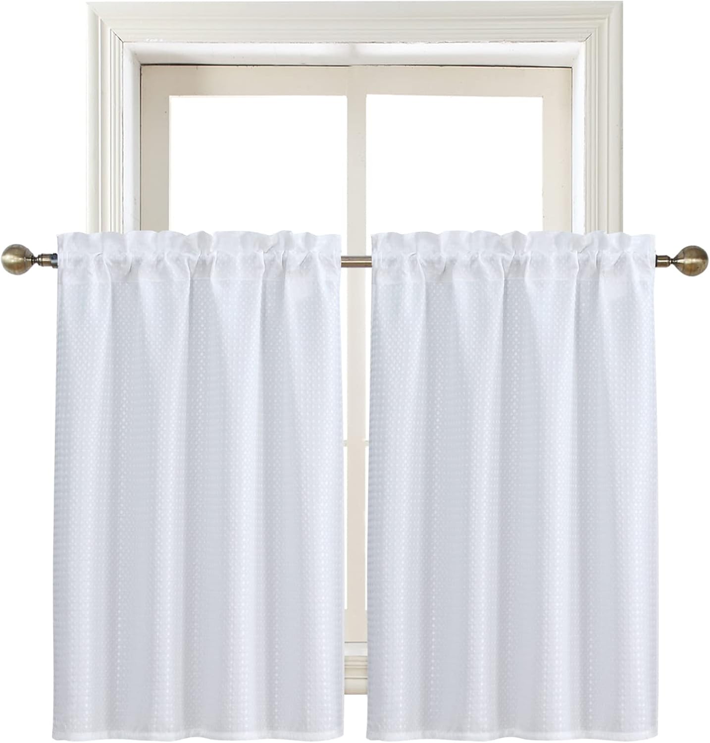 Home Queen White Water Resistant Bathroom Window Curtain, Waffle Textured Half Tier Curtains for Kitchen Cafe, 28" W X 45" L Inches, Set of 2