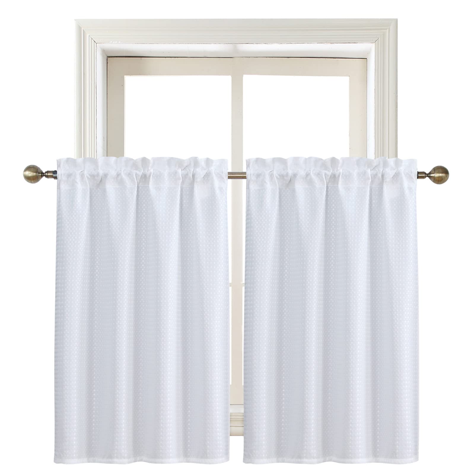 Home Queen White Water Resistant Bathroom Window Curtain, Waffle Textured Half Tier Curtains for Kitchen Cafe, 36" W X 45" L Inches, Set of 2