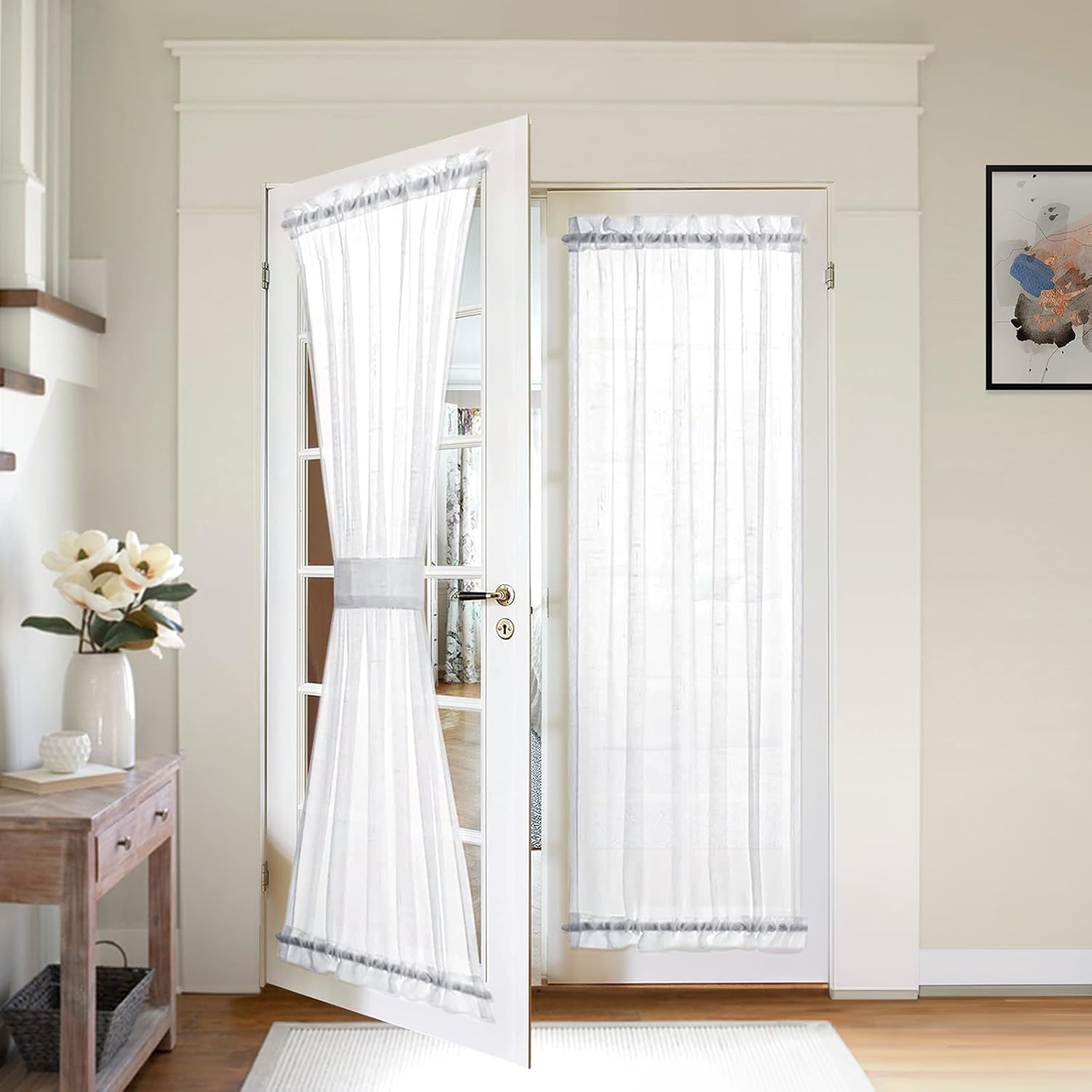 MIULEE 2 Panels Natural French Door Sheer Curtains Linen Textured Window Treatment for Light Filtering with Tieback W 25 x L 40 Inches