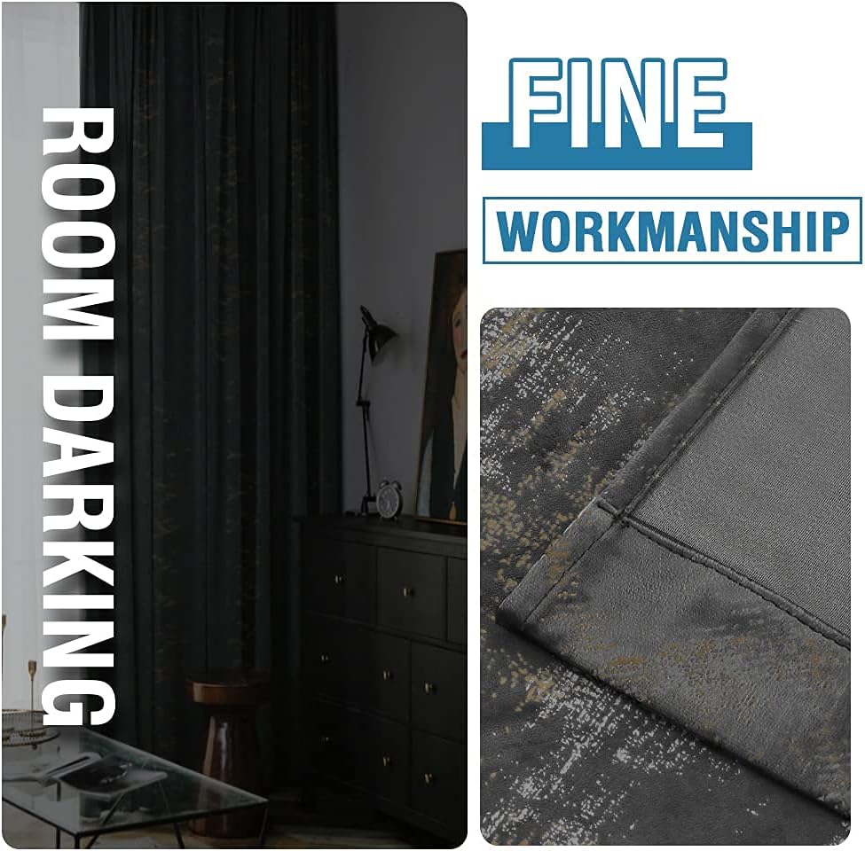 H.VERSAILTEX Luxury Velvet Curtains 63 Inches Long Thermal Insulated Blackout Curtain for Bedroom Foil Print Soft Velvet Grommet Curtain Drapes for Living Room Vintage Home Decor, 2 Panels, Dark Grey