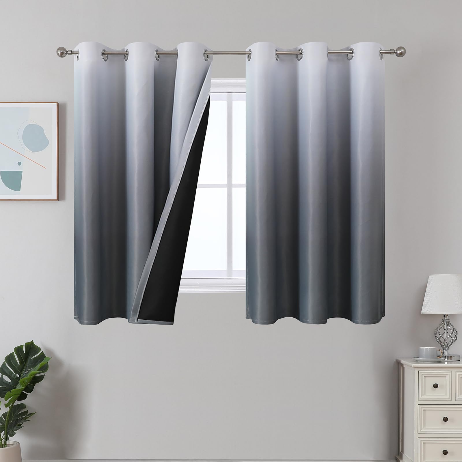 Estelar Textiler Black and Greyish White Blackout Curtains for Bedroom, Ombre Black out Curtains 84 Inch long for Living Room,Room Darkening Thermal Insulated Grommet Window Drapes,52x84 Inch,2 Panels