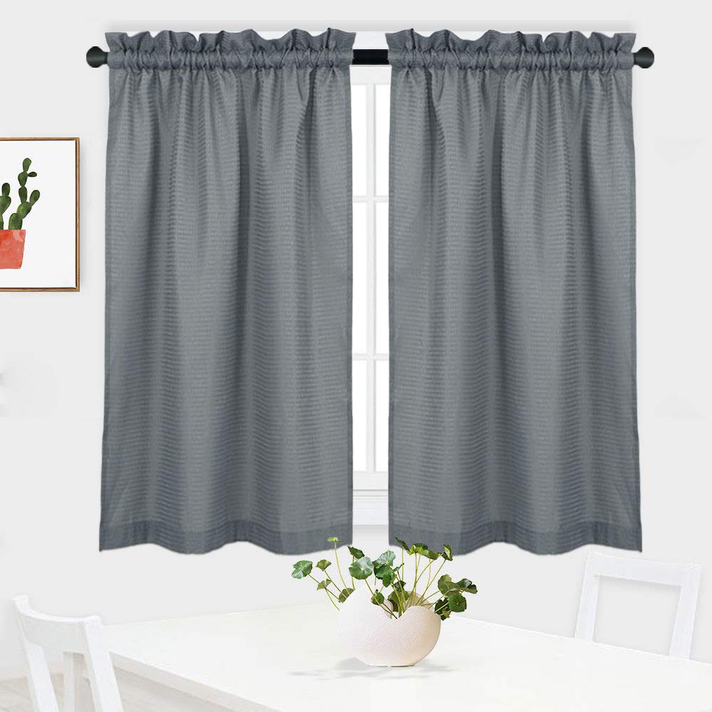NANAN Tier Curtains, Waffle Woven Textured Kitchen Tier Curtains Cafe Curtains, Waterproof Half Window Covering Short Curtain for Bathroom - 30" x 24", Grey, Set of 2