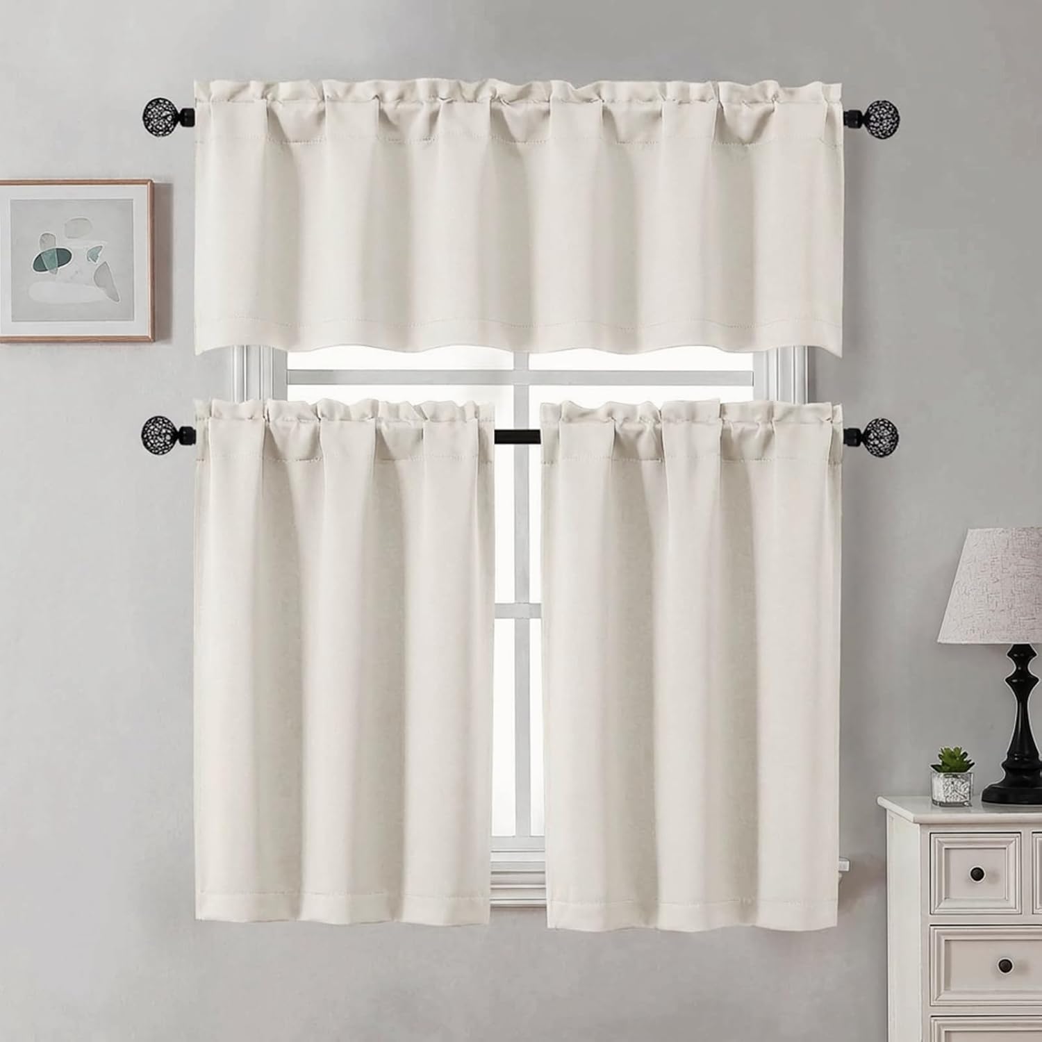 Gwine 24 Inch Length Kitchen Curtains Sets, Light Filtering Half Window Short Curtain Tiers for Bathroom Basement Cabinet Camper Small Windows, 2 PCS, Each 30" Wx24 L, Natural