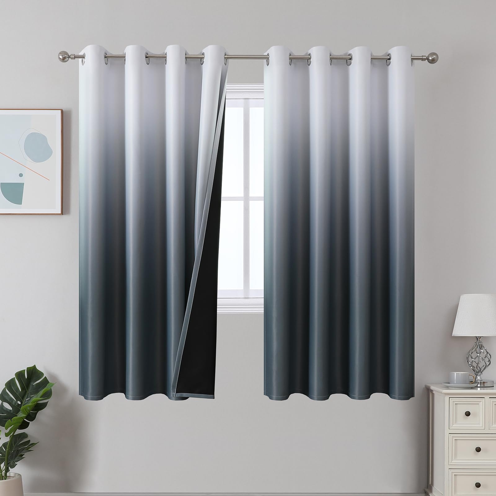 Estelar Textiler Black and Greyish White Blackout Curtains for Bedroom, Ombre Black out Curtains 84 Inch long for Living Room,Room Darkening Thermal Insulated Grommet Window Drapes,52x84 Inch,2 Panels