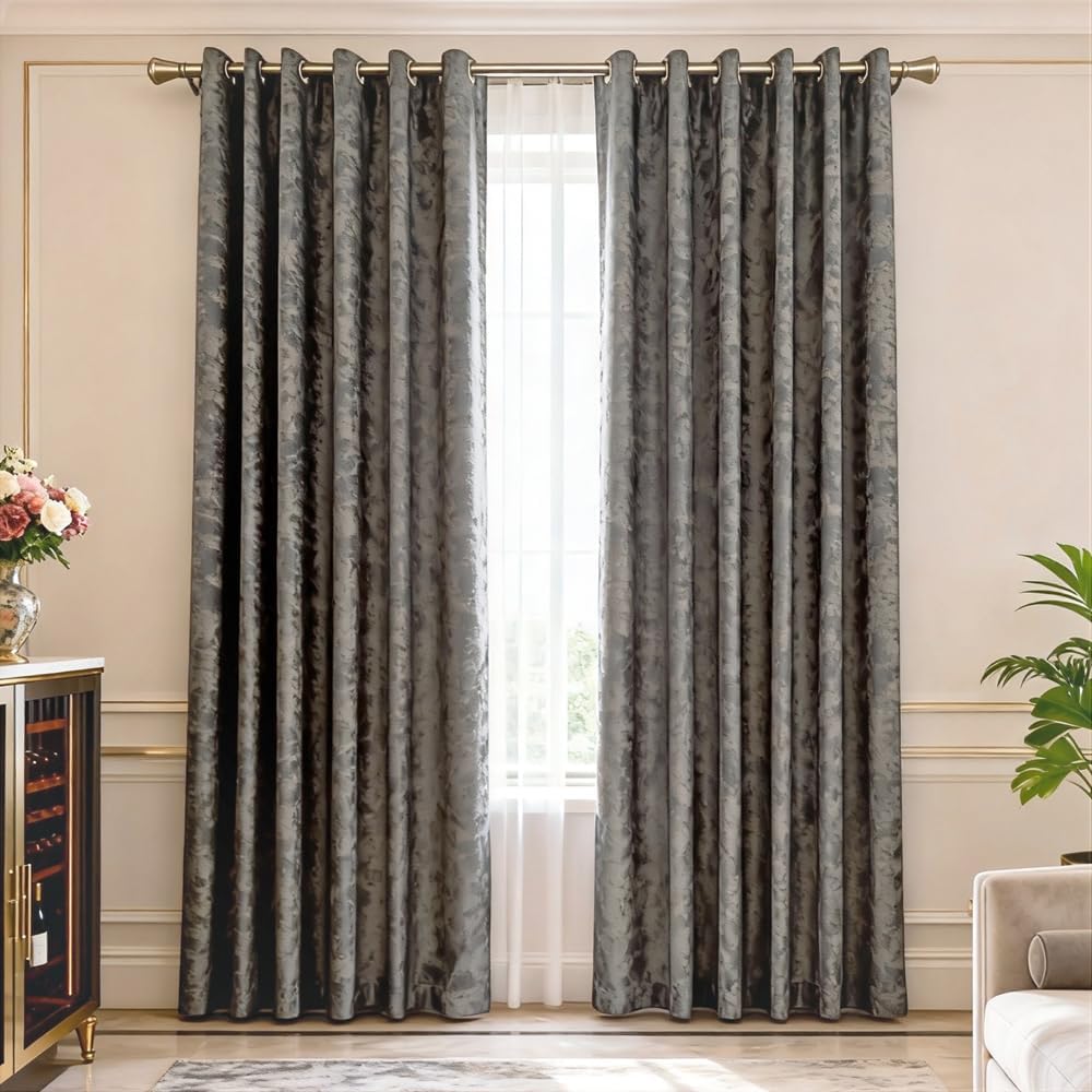 Amidoudou 1 Pair Nordic Style Luxury Velvet Curtains for Living Room Gray and Gold Bedroom Curtains (Gray,54x95 Inch)