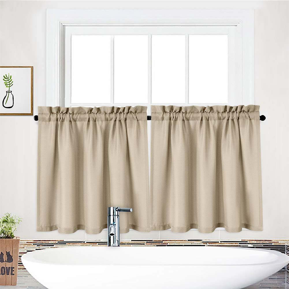 NANAN Tier Curtains, Waffle Woven Textured Kitchen Tier Curtains Cafe Curtains, Waterproof Half Window Covering Short Curtain for Bathroom - 30" x 24", Grey, Set of 2