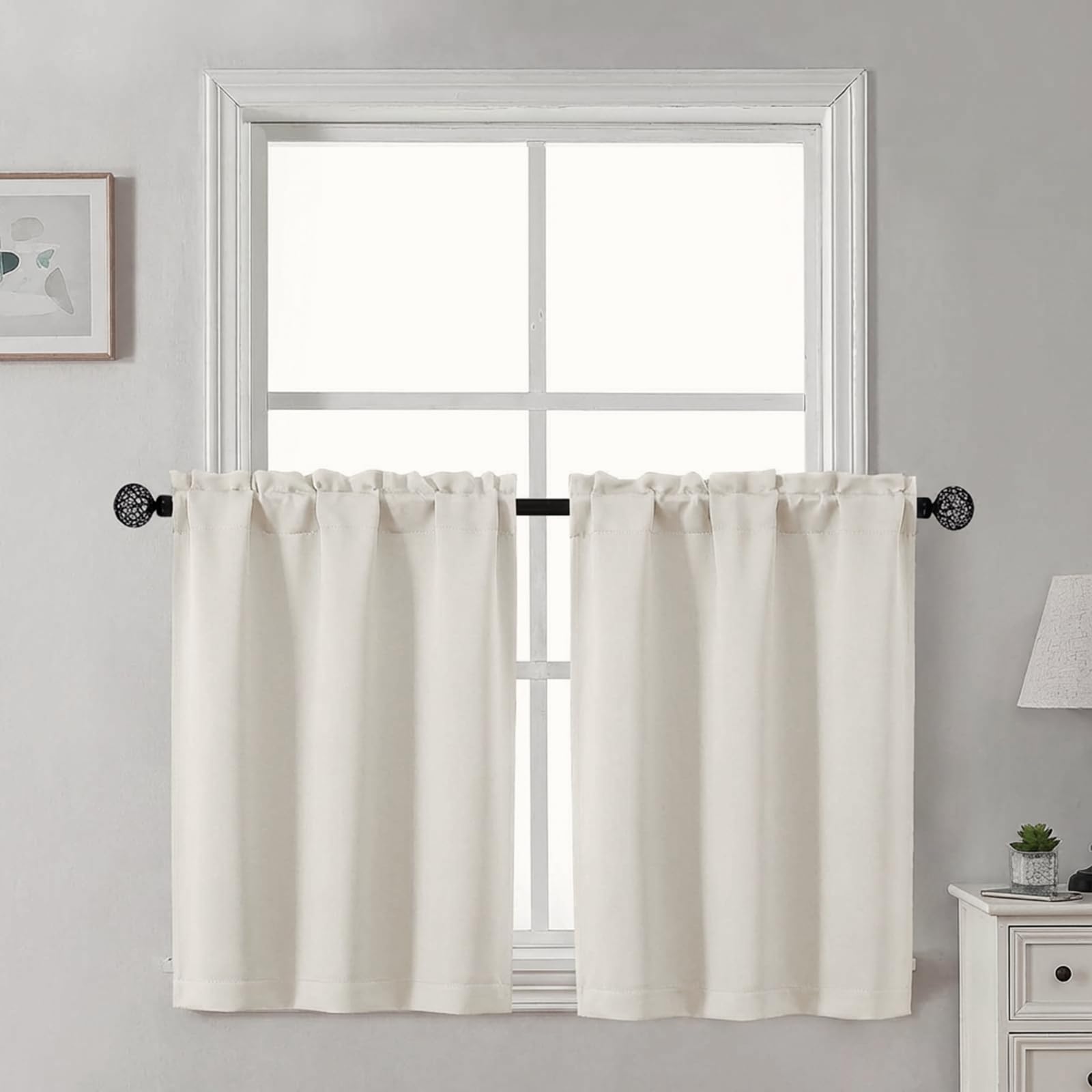 Gwine 24 Inch Length Kitchen Curtains Sets, Light Filtering Half Window Short Curtain Tiers for Bathroom Basement Cabinet Camper Small Windows, 2 PCS, Each 30" Wx24 L, Natural