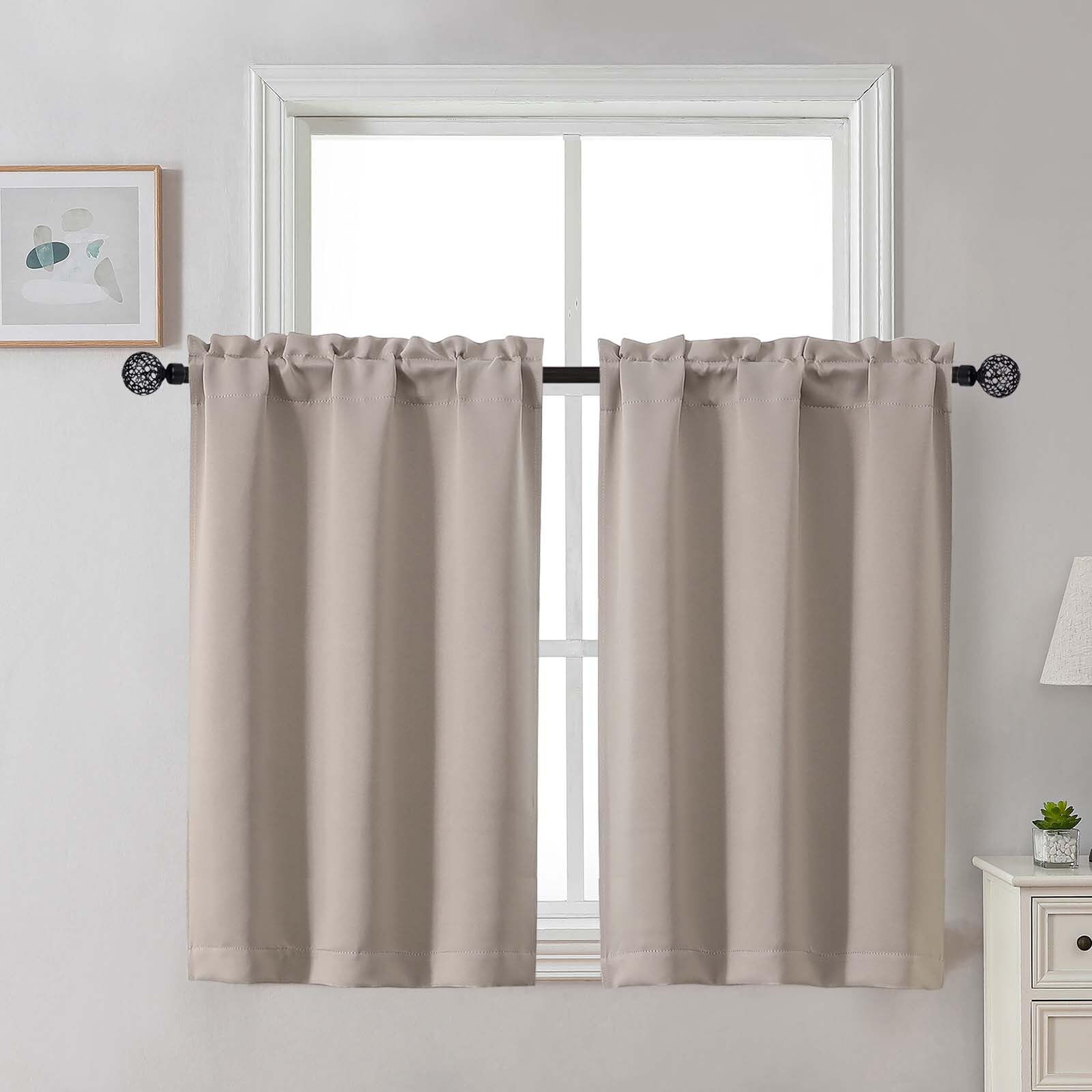 Gwine 24 Inch Length Kitchen Curtains Sets, Light Filtering Half Window Short Curtain Tiers for Bathroom Basement Cabinet Camper Small Windows, 2 PCS, Each 30" Wx24 L, Natural