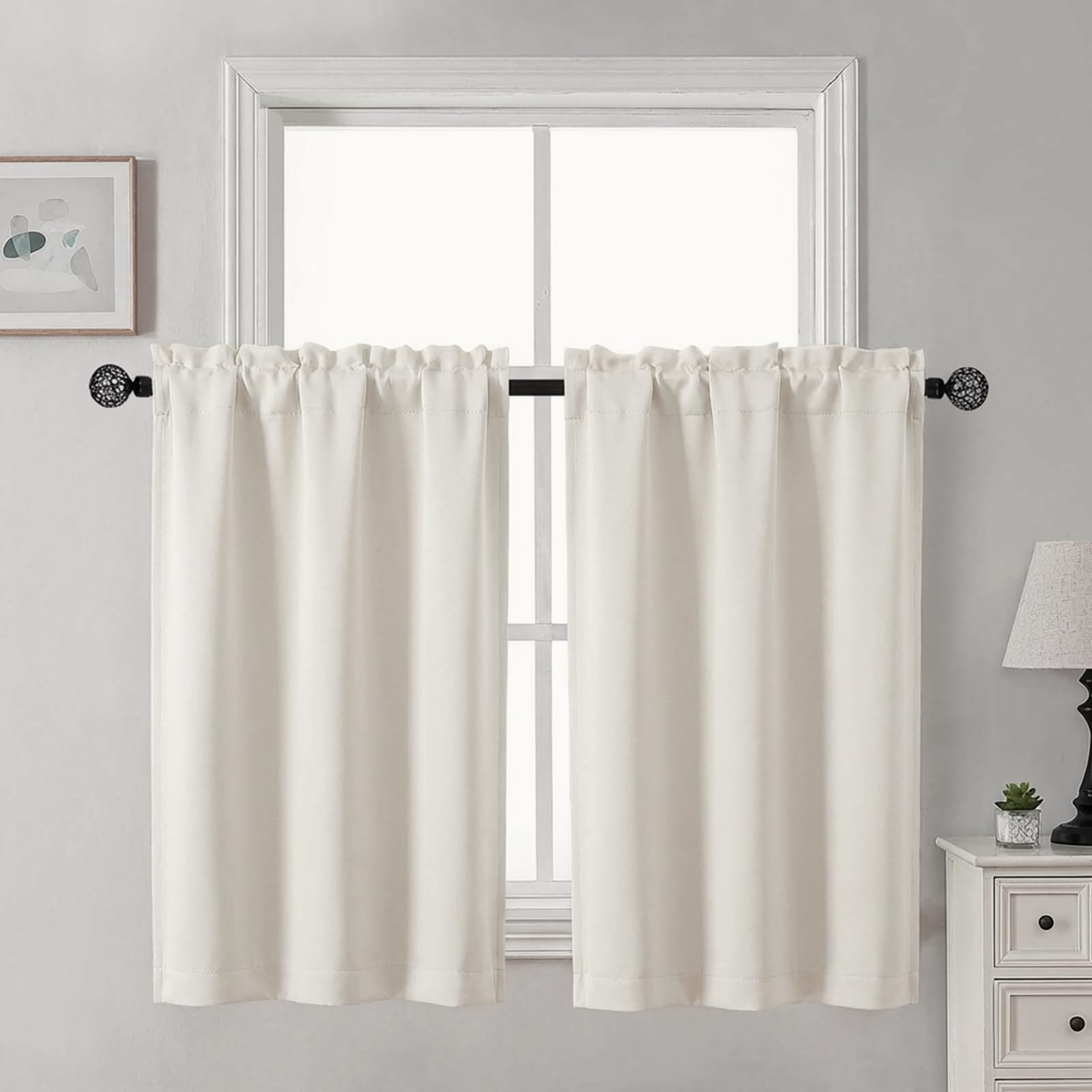 Gwine 24 Inch Length Kitchen Curtains Sets, Light Filtering Half Window Short Curtain Tiers for Bathroom Basement Cabinet Camper Small Windows, 2 PCS, Each 30" Wx24 L, Natural