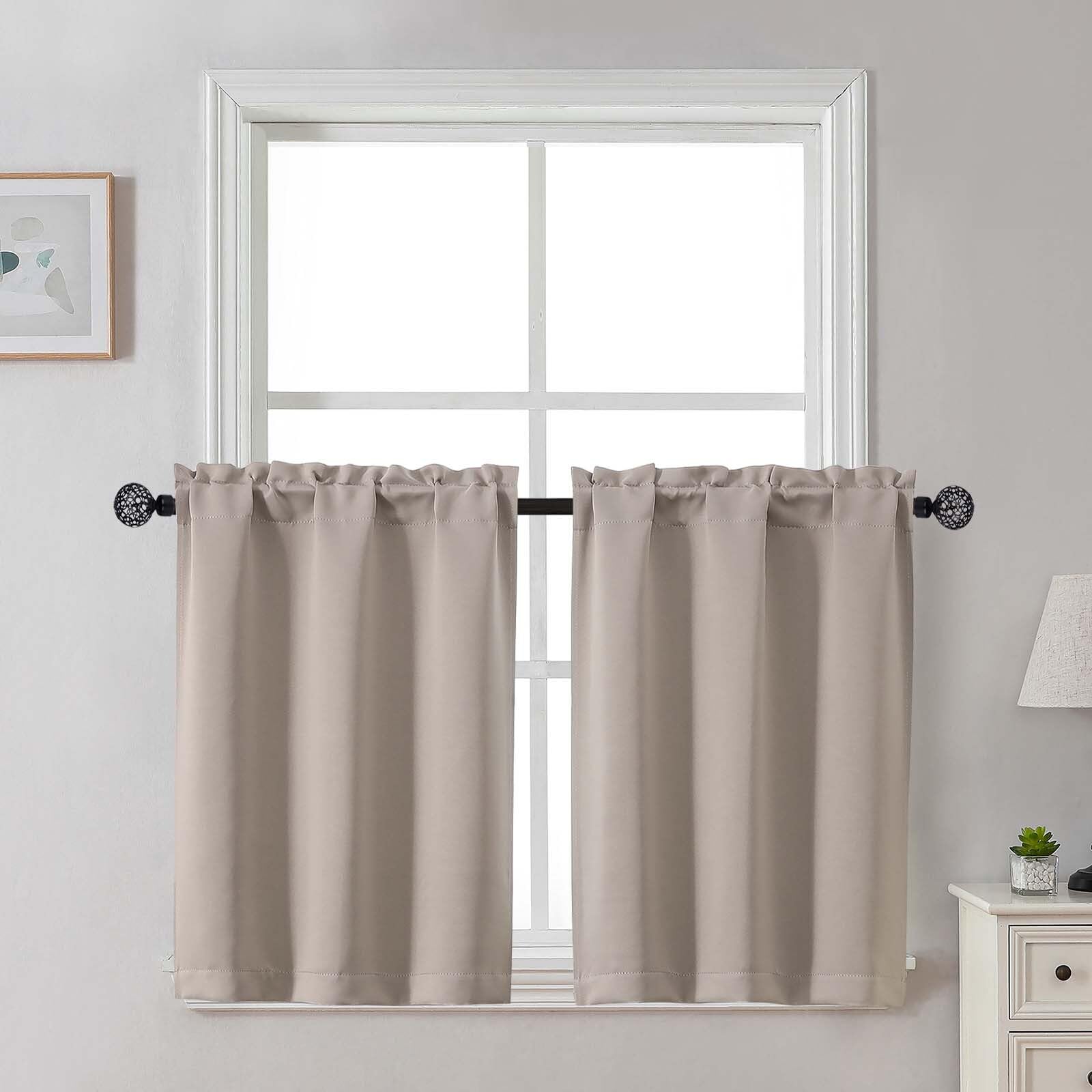 Gwine 24 Inch Length Kitchen Curtains Sets, Light Filtering Half Window Short Curtain Tiers for Bathroom Basement Cabinet Camper Small Windows, 2 PCS, Each 30" Wx24 L, Natural