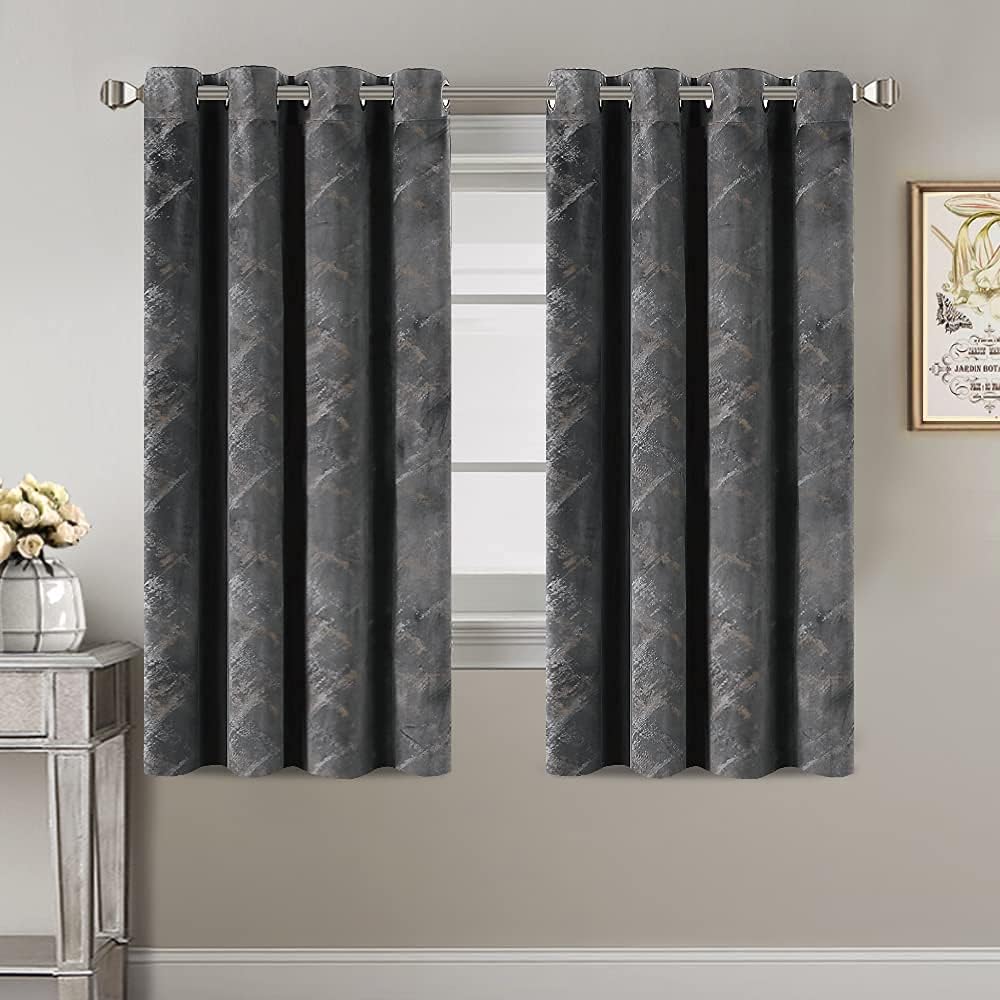 H.VERSAILTEX Luxury Velvet Curtains 63 Inches Long Thermal Insulated Blackout Curtain for Bedroom Foil Print Soft Velvet Grommet Curtain Drapes for Living Room Vintage Home Decor, 2 Panels, Dark Grey