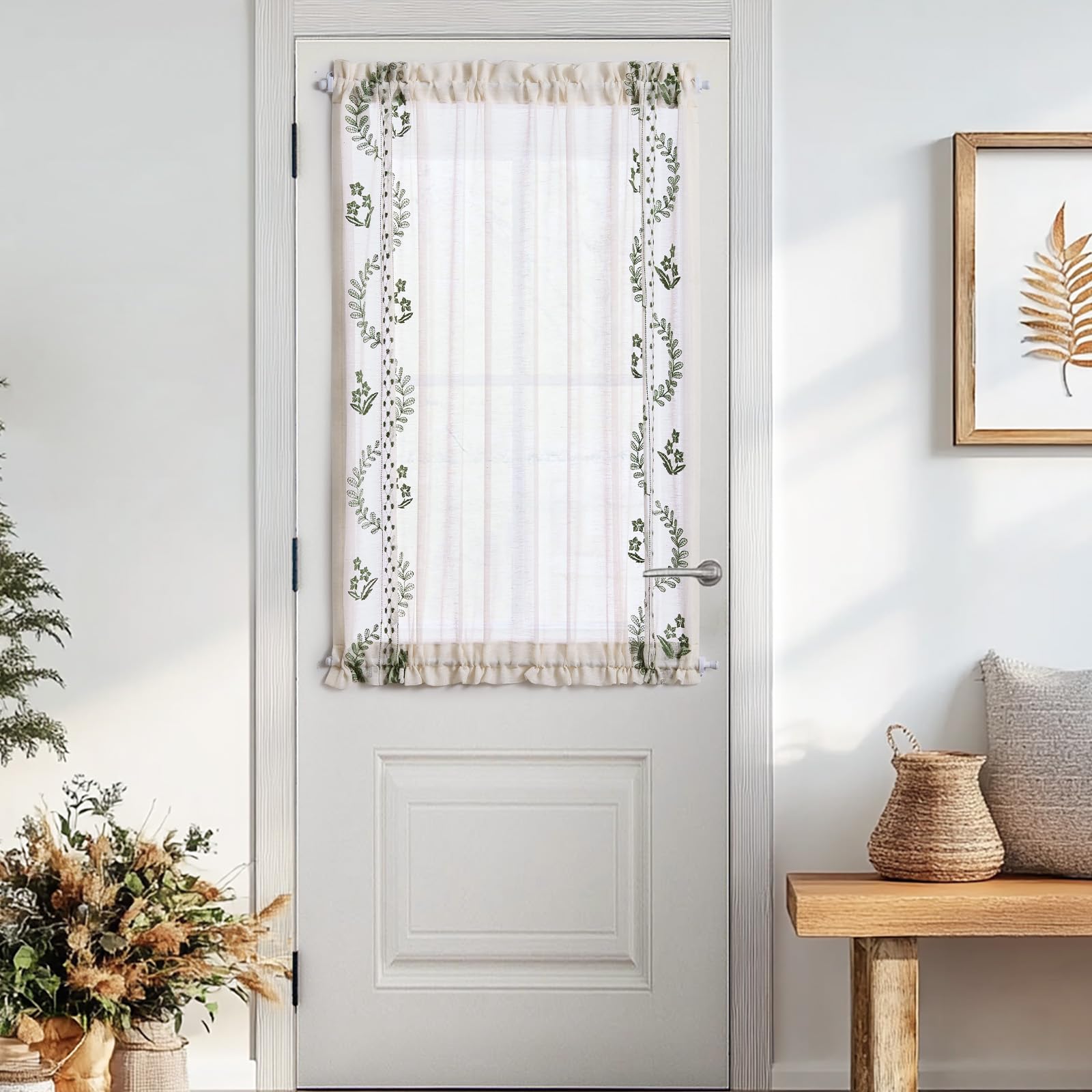 jinchan French Door Curtain Privacy Boho Embroidered Semi Sheer Voile Front Curtain for Window Doorway Closet, Door Panel with Tieback Rod Pocket 1 Panel (White on Beige, 55W x 40L Inch)