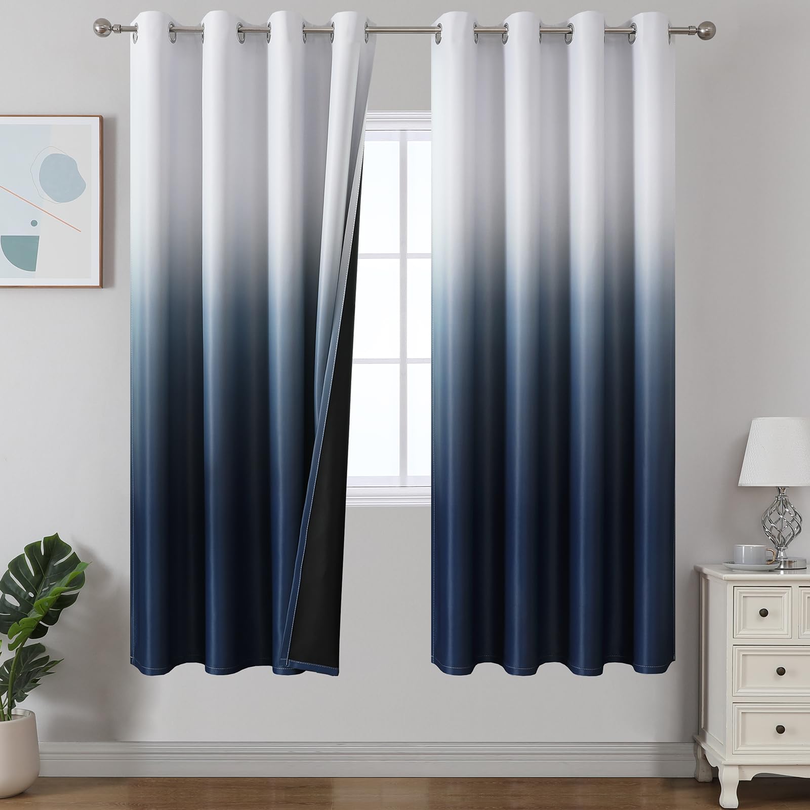 Estelar Textiler Black and Greyish White Blackout Curtains for Bedroom, Ombre Black out Curtains 84 Inch long for Living Room,Room Darkening Thermal Insulated Grommet Window Drapes,52x84 Inch,2 Panels