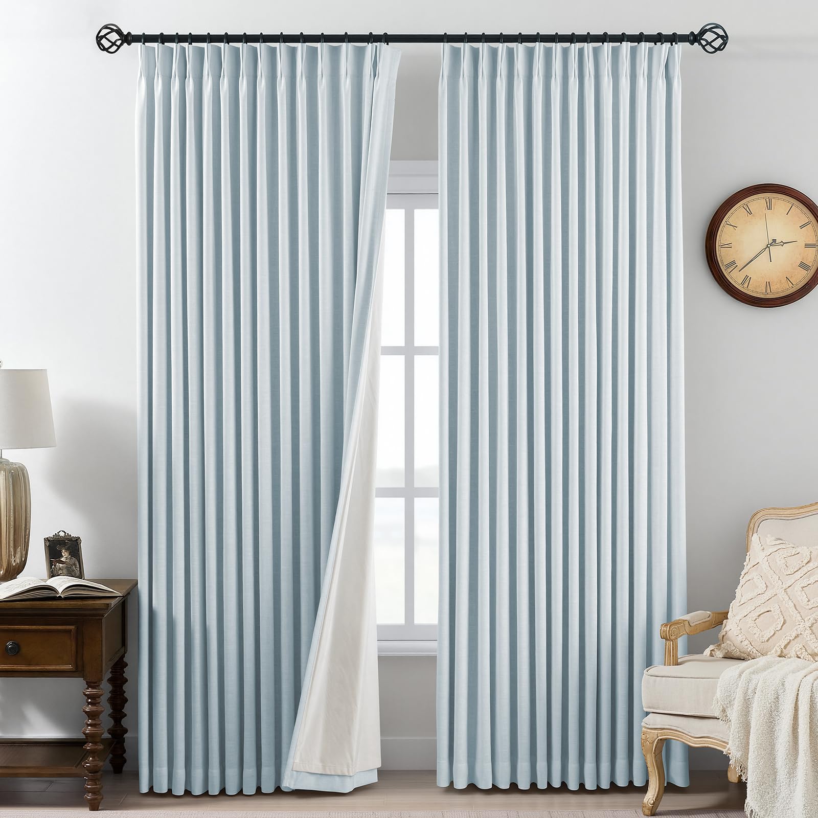 Pinch Pleated Curtains 100% Blackout Linen Curtains 95 Inches Long for Bedroom Living Room, Natural Memory Trained Thermal Insulated Room Darkening Window Pleat Drapes with Hooks, 2 Panels, 40"Wx95"L