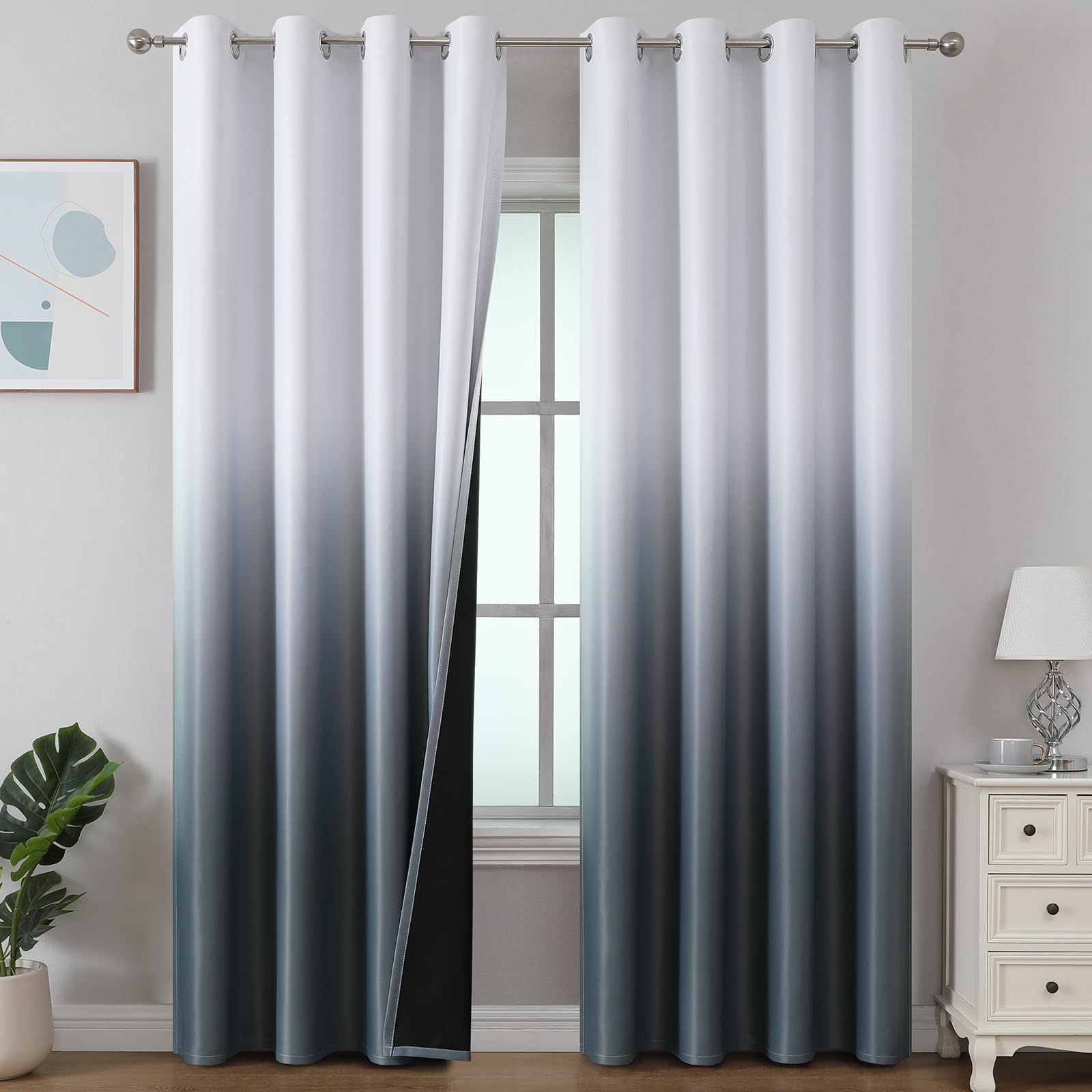 Estelar Textiler Black and Greyish White Blackout Curtains for Bedroom, Ombre Black out Curtains 84 Inch long for Living Room,Room Darkening Thermal Insulated Grommet Window Drapes,52x84 Inch,2 Panels