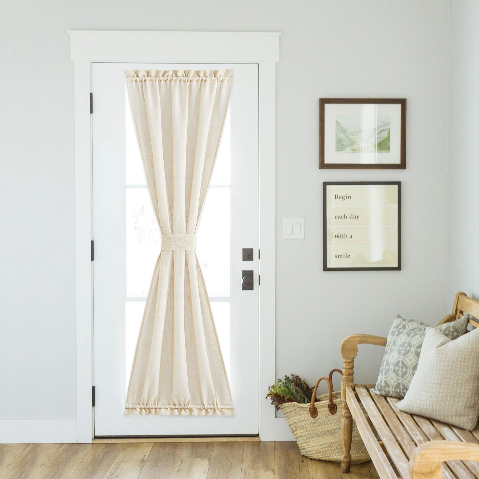 NICETOWN Front Door Curtain - Soft Beige Linen Weave Pattern Door Shade for Windows Light Filtering Rod Pocket French Window Cover for Entryway/Garage with Tieback, 1 Panel, 26" W x 40" L