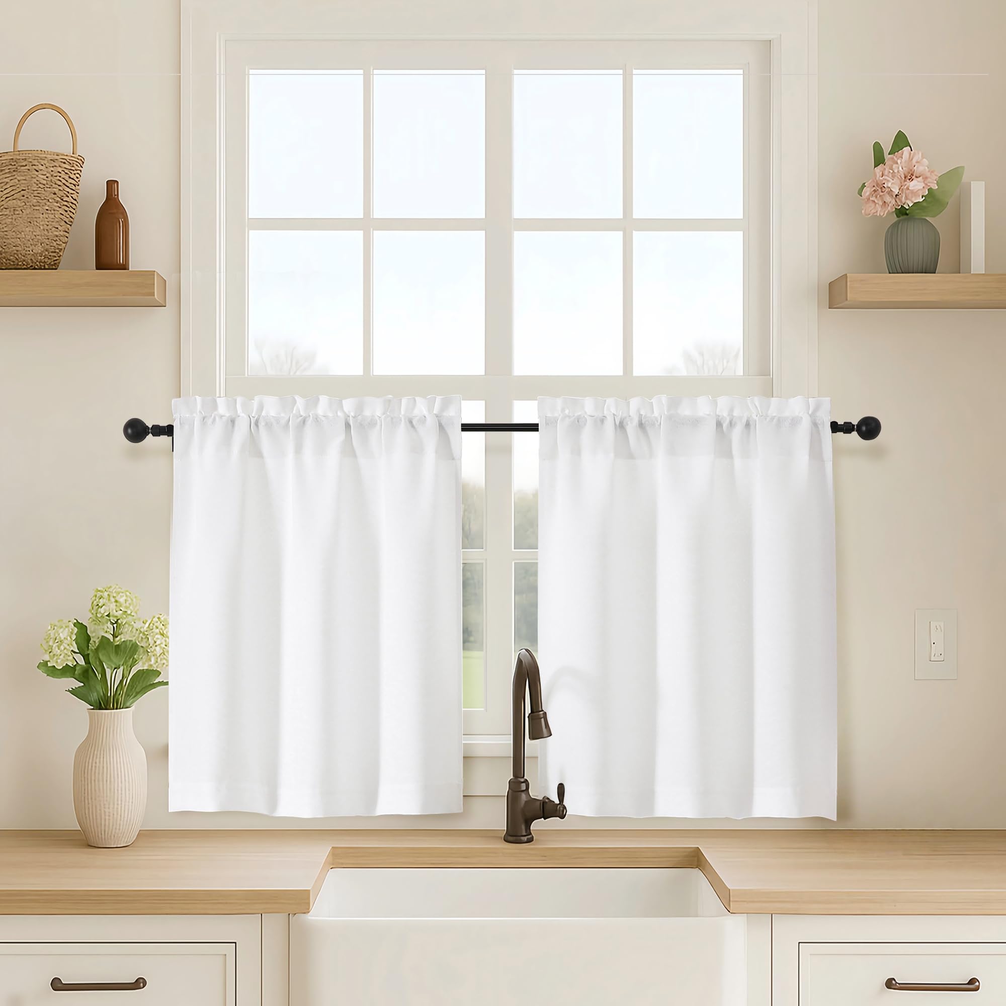 OVZME Kitchen Curtains 24 Inch Length, Light Filtering Faux Linen Textured Small Cafe Curtains, Short Window Curtain Tiers for Cabinet Bathroom Basement RV Camper, 30Wx24L Inch, 2PCS, Terracotta