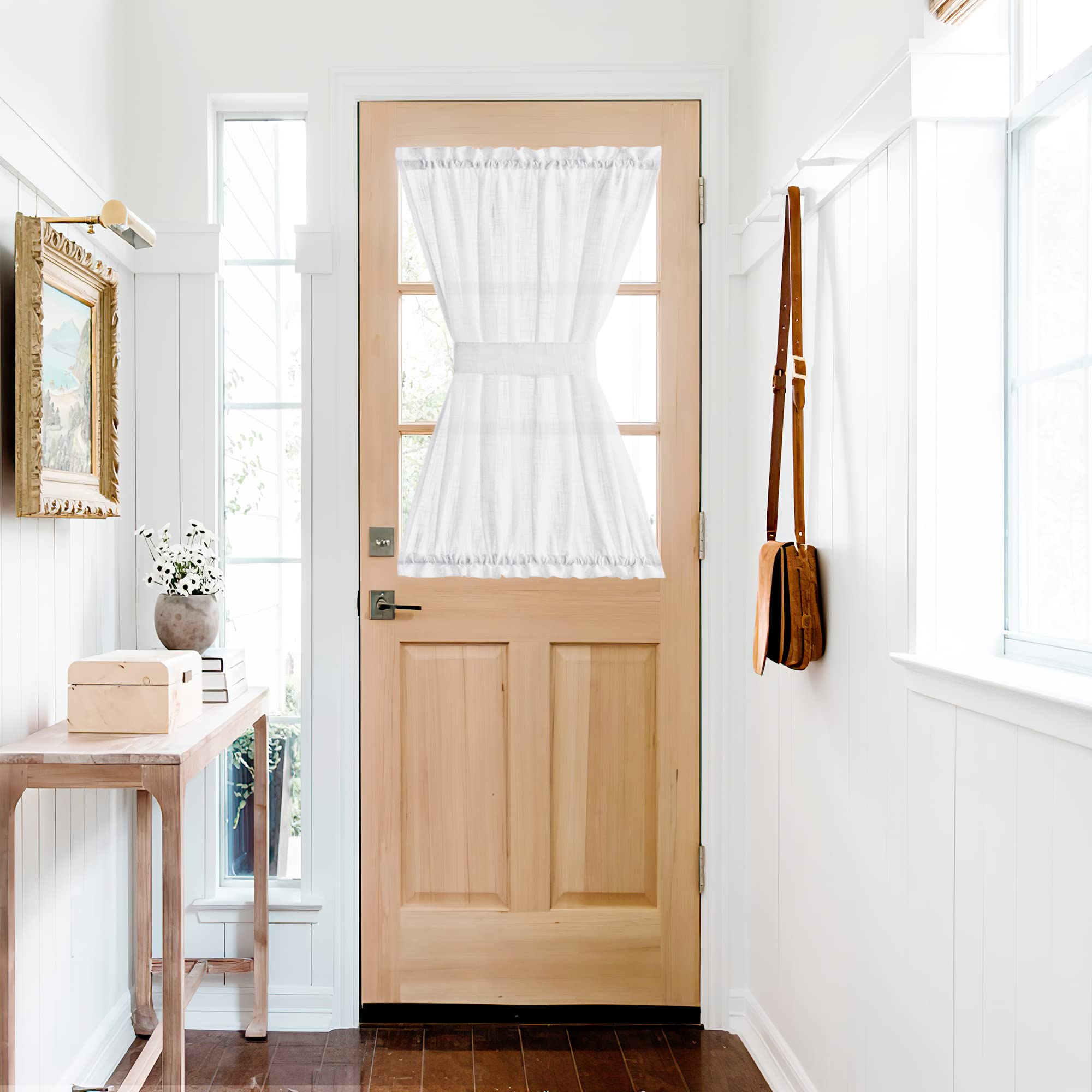 NICETOWN Front Door Curtain - Soft Beige Linen Weave Pattern Door Shade for Windows Light Filtering Rod Pocket French Window Cover for Entryway/Garage with Tieback, 1 Panel, 26" W x 40" L