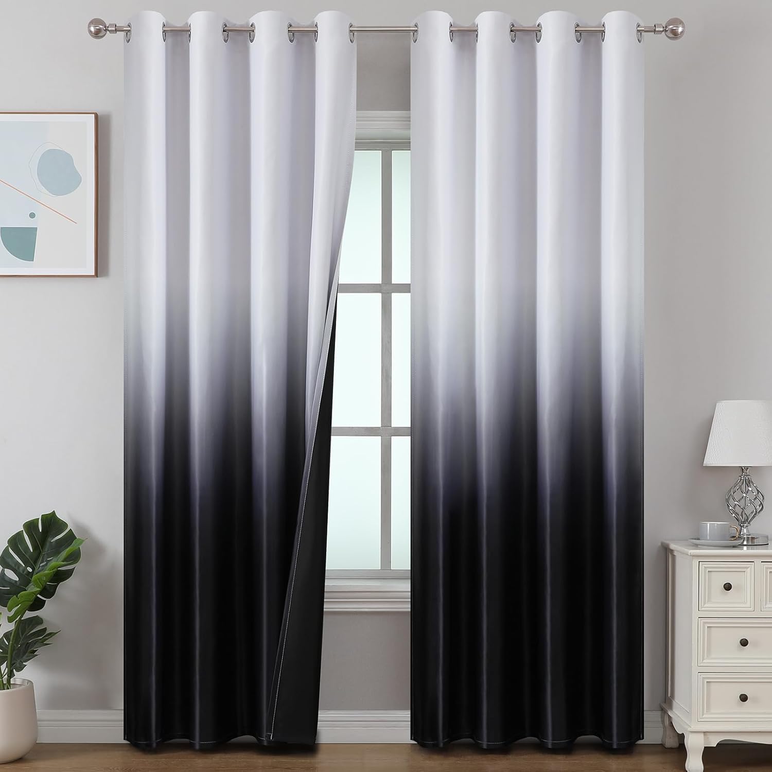 Estelar Textiler Black and Greyish White Blackout Curtains for Bedroom, Ombre Black out Curtains 84 Inch long for Living Room,Room Darkening Thermal Insulated Grommet Window Drapes,52x84 Inch,2 Panels