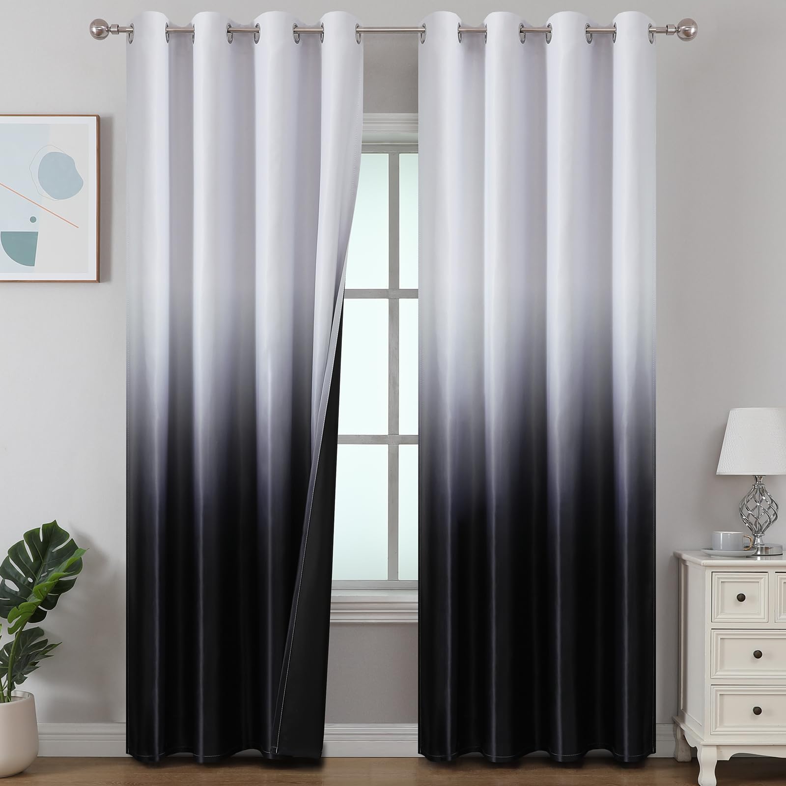 Estelar Textiler Black and Greyish White Blackout Curtains for Bedroom, Ombre Black out Curtains 84 Inch long for Living Room,Room Darkening Thermal Insulated Grommet Window Drapes,52x84 Inch,2 Panels