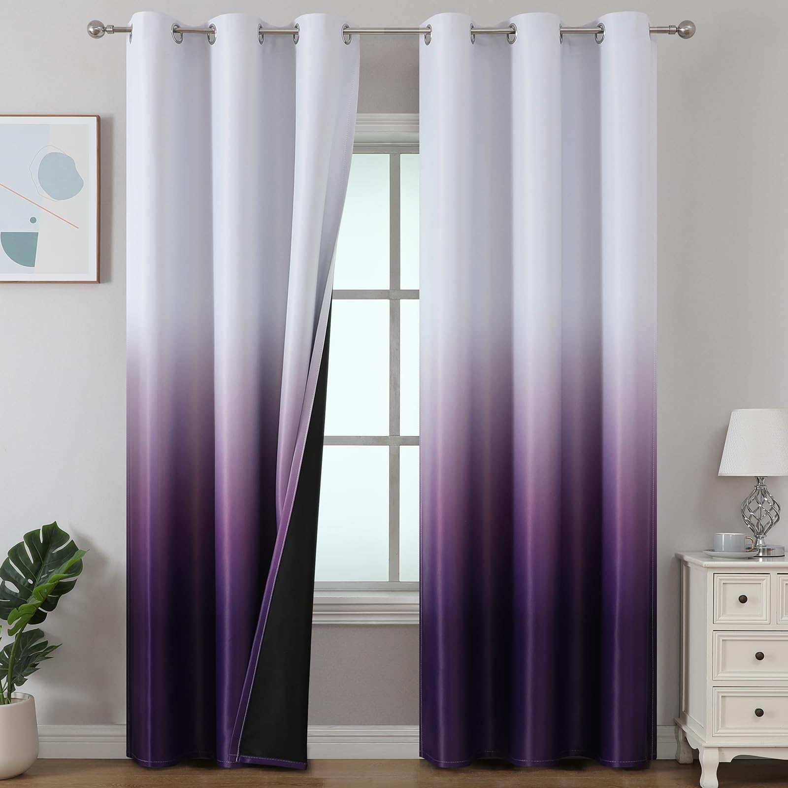 Estelar Textiler Black and Greyish White Blackout Curtains for Bedroom, Ombre Black out Curtains 84 Inch long for Living Room,Room Darkening Thermal Insulated Grommet Window Drapes,52x84 Inch,2 Panels