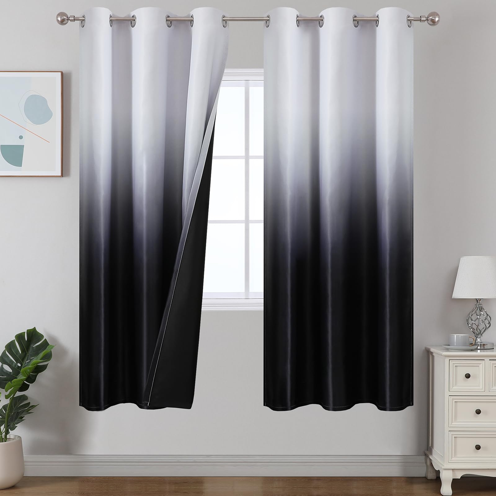 Estelar Textiler Black and Greyish White Blackout Curtains for Bedroom, Ombre Black out Curtains 84 Inch long for Living Room,Room Darkening Thermal Insulated Grommet Window Drapes,52x84 Inch,2 Panels