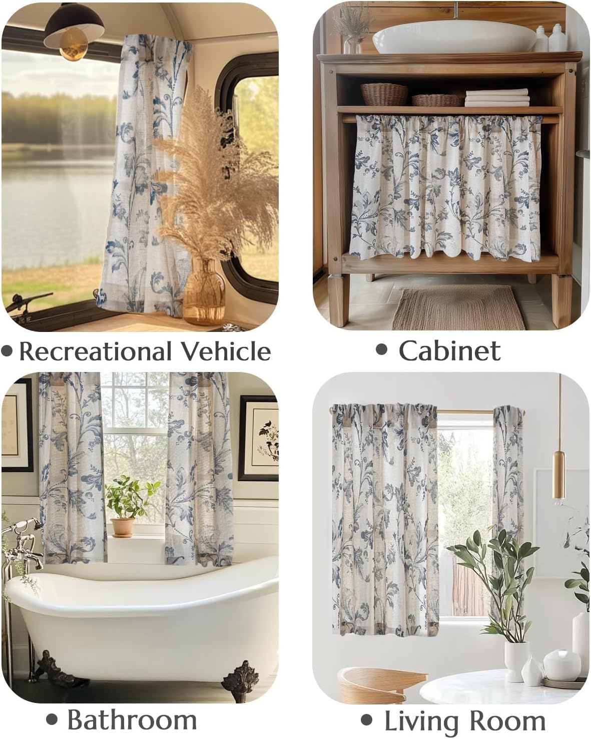 jinchan Linen Kitchen Curtains 24 Inch Vintage Floral Tier Curtains Farmhouse Cottage Cafe Rod Pocket Country Small Window for Laundry Room Bathroom RV 2 Panels Blue on Beige