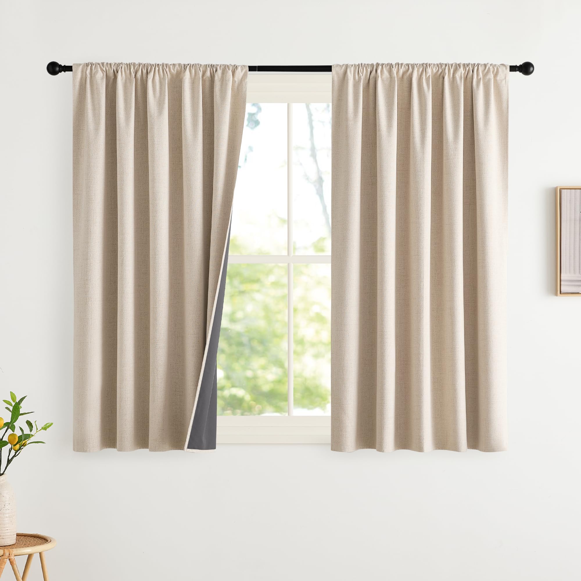 NICETOWN 100% Blackout Curtains for Bedroom, Living Room - Linen Textured Thermal Insulated Drapes Rod Pocket Top, Black Out Curtains with Grey Liner for Privacy, Natural, W52 x L80 in, 2 Panels