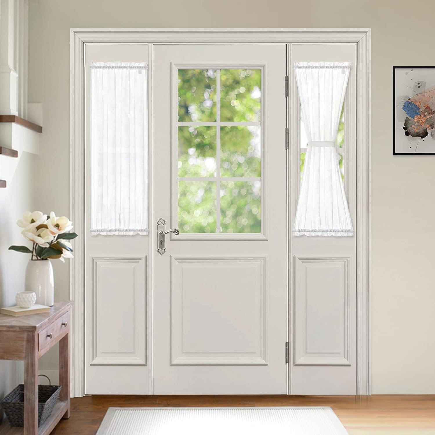 MIULEE 2 Panels Natural French Door Sheer Curtains Linen Textured Window Treatment for Light Filtering with Tieback W 25 x L 40 Inches