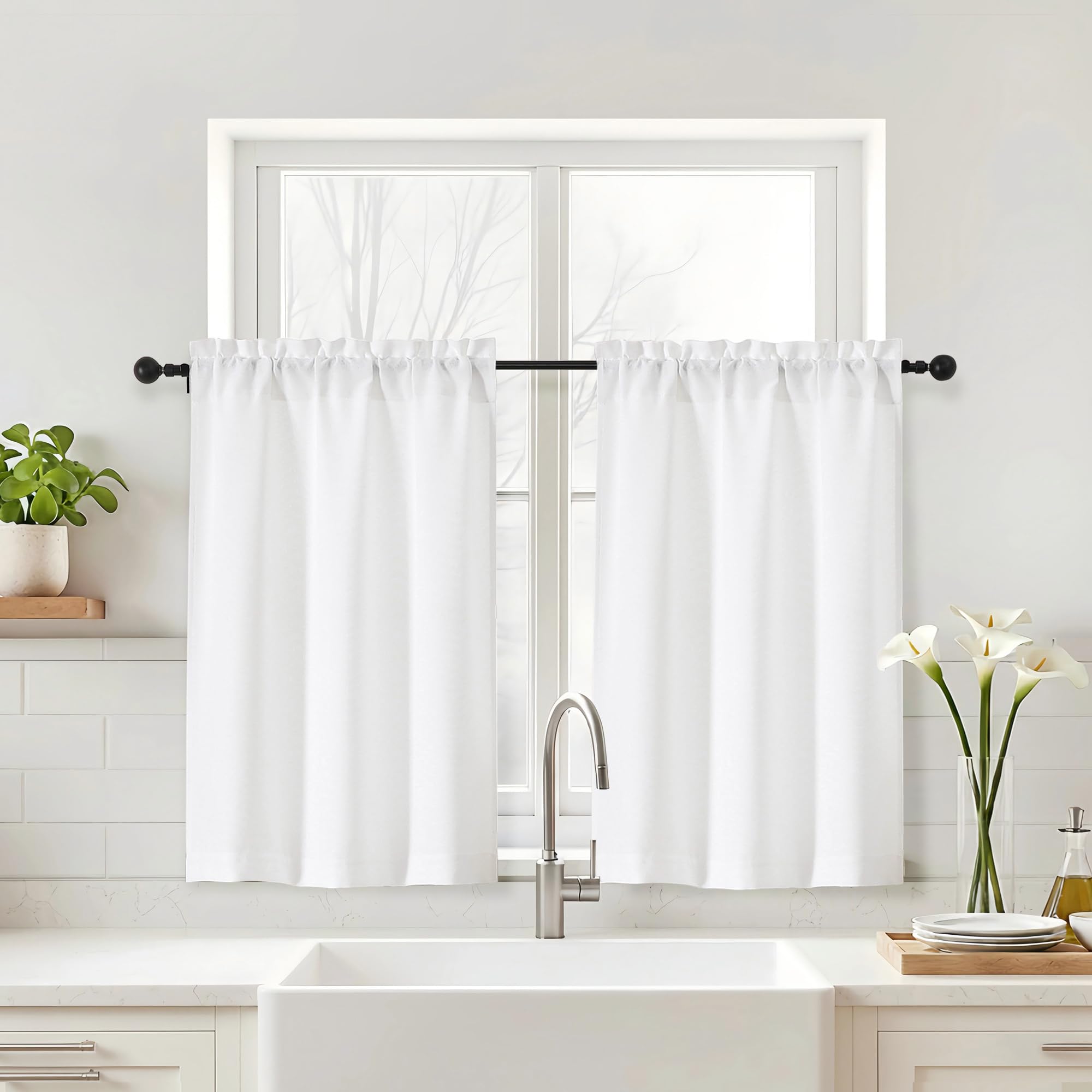 Navy Blue Kitchen Curtains 24 Inch Length - Faux Linen Textured Light Filtering Short Curtains for Bathroom, Rod Pocket Small Kitchen Window Curtains Over Sink, 2 Panels, 30Wx24L Inches