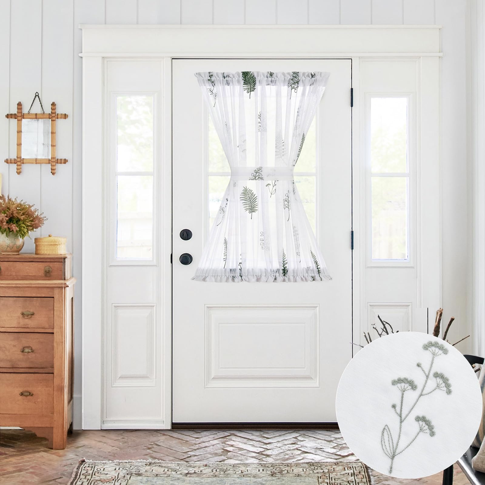 jinchan French Door Curtain Privacy Boho Embroidered Semi Sheer Voile Front Curtain for Window Doorway Closet, Door Panel with Tieback Rod Pocket 1 Panel (White on Beige, 55W x 40L Inch)